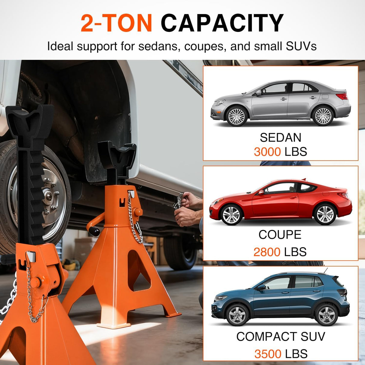 2 Ton Jack Stands, Double Locking Heavy Duty Steel 4,400 lbs Capacity, Adjustable 10.6 Inch-16.2 Inch Height for SUV Sedan Pickup Light Truck, 2 Pack