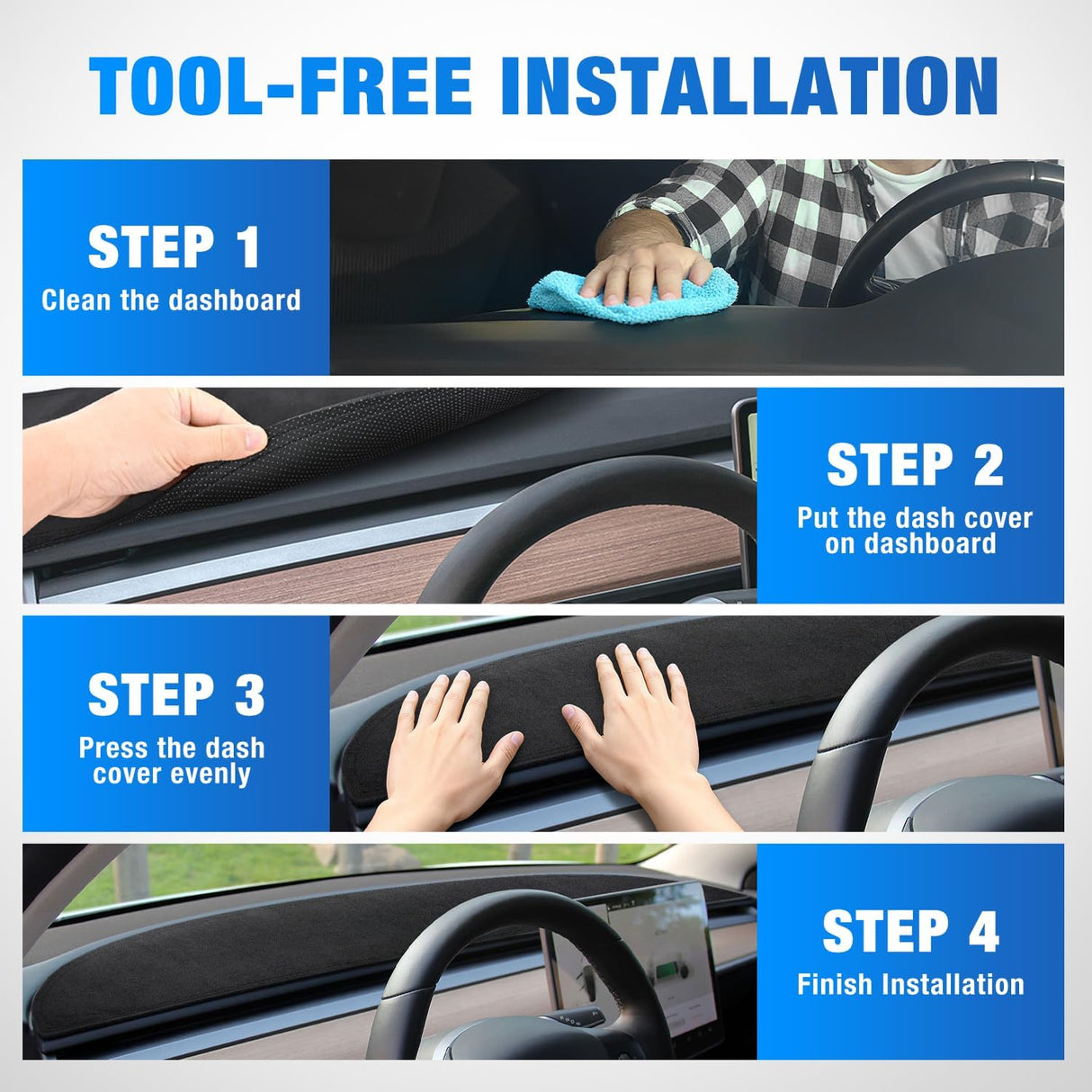 Dash Cover for Tesla Model 3/Y, Custom Fit Suede Mat | Non-Slip Backing, Reduce Sun Glare and Protect the Dashboard from UV Exposure