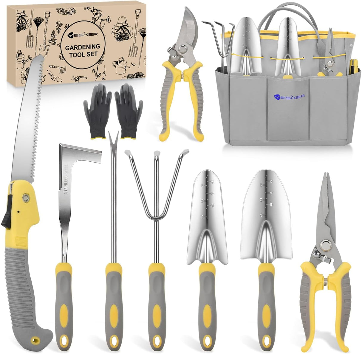 Gardening Tools 10-Piece Heavy Duty Garden Tool Set Gardening Supplies Gifts for Women Men Gardening Hand Tool Kit w Non-Slip Ergonomic Handle, Garden Bag, Durable Gloves, Pruning Shears, Gray