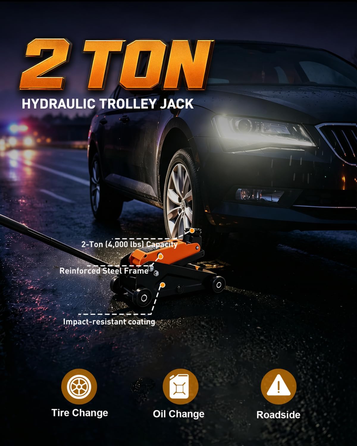 Floor Jack 2 Ton, Heavy Duty Steel Hydraulic Trolley Car Jack, Portable Emergency Service Jack for Roadside Repair, Lifting Range 5.5 Inch to 15.2 Inch
