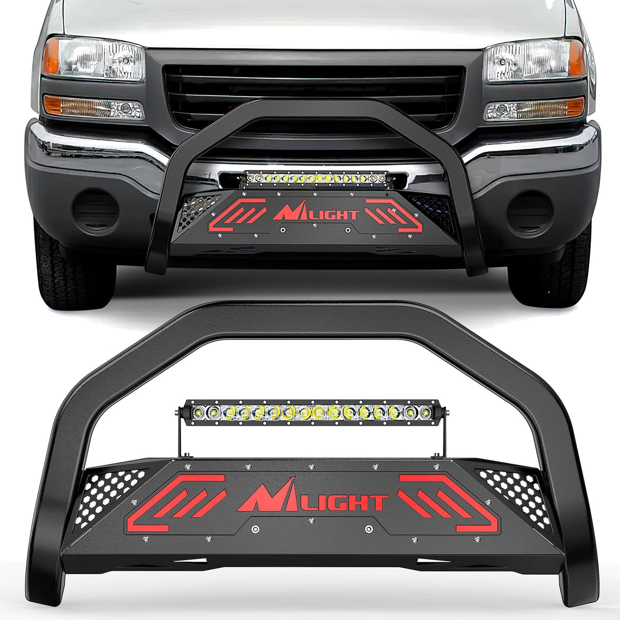 Bull Bar with Light fits 1999-2006 Chevy Silverado & GMC Sierra (07 Classic)/ 2000-2006 Suburban Tahoe & Yukon & XL / 2002-2006 Avalanche Front Bumper Grille Guard with Skid Plate Licence Hole