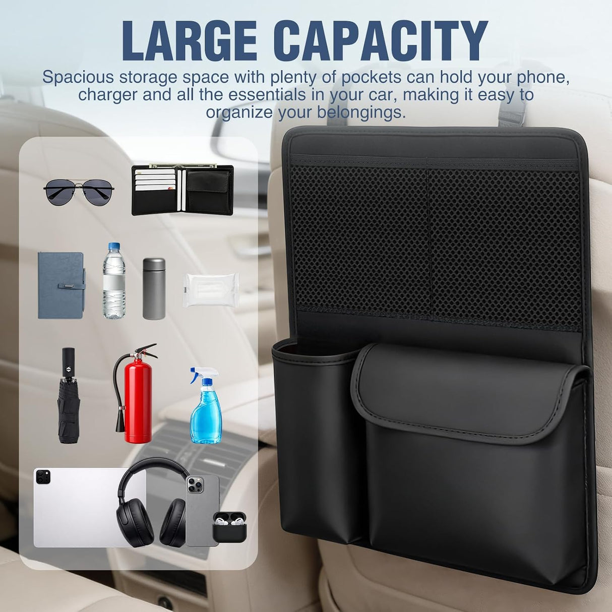 Car Seat Back Organizer 2PCS Black PU Leather Universal | Multi Pockets Foldable Waterproof Scratch Resistant Hanging Storage Bag for Cars Vans SUVs MPVs Pickup Trucks