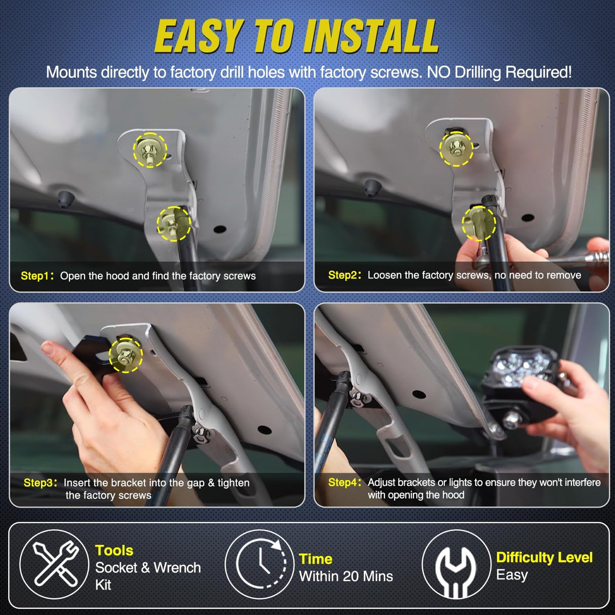 Ditch Light Brackets Hood Hinges Mount Bracket Kit for Auxiliary Offroad LED Pods Work Lighting Compatible with Ford F-150 Raptor 2015 2016 2017 2018