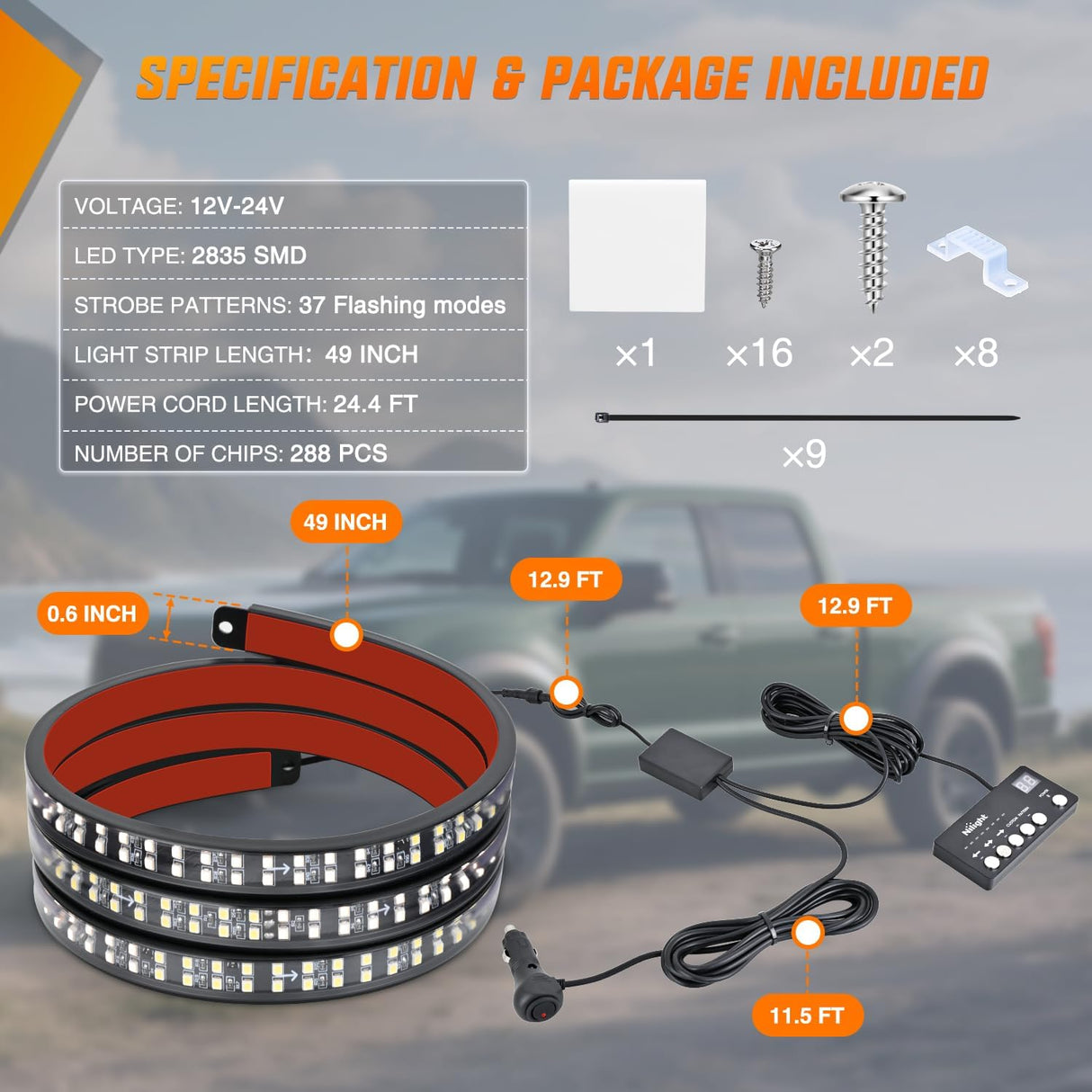49 Inch Emergency Strobe Light Strips with Controller, 288LED Flashing Warning Hazard Safety Rear Window Tailgate Lights for Truck Trailer Construction Plow Pickup Tow SUV Vehicles, Red White