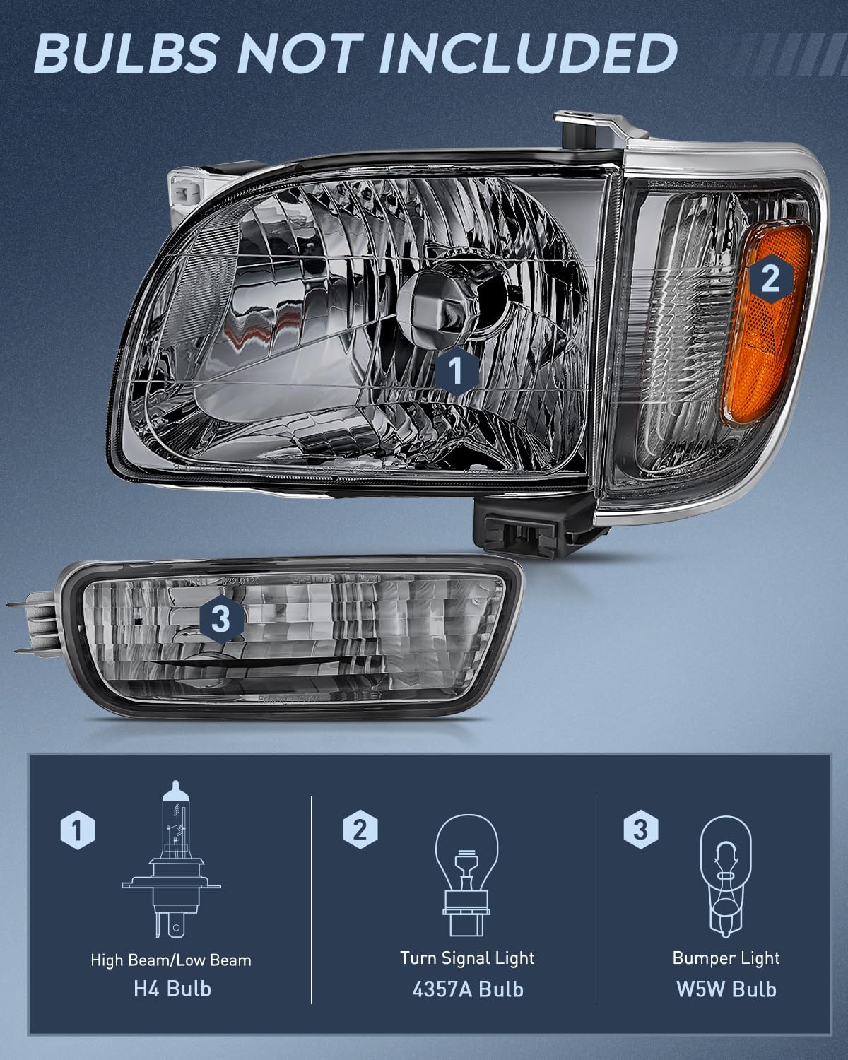 Headlight Assembly for 2001 2002 2003 2004 Toyota Tacoma Replacement Headlamp Chrome Housing Amber Reflector Smoke Lens Driver and Passenger Side
