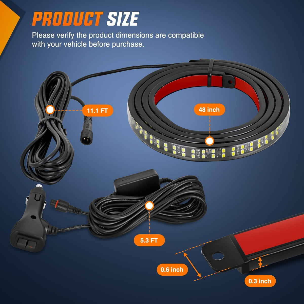 48 Inch 288 LED Tailgate Strobe Light Strip Blue White | 28 Light Modes Double Row Waterproof Warning Rear Window Lamp for Pickup, Trailers, Construction Vehicles, Car, SUV