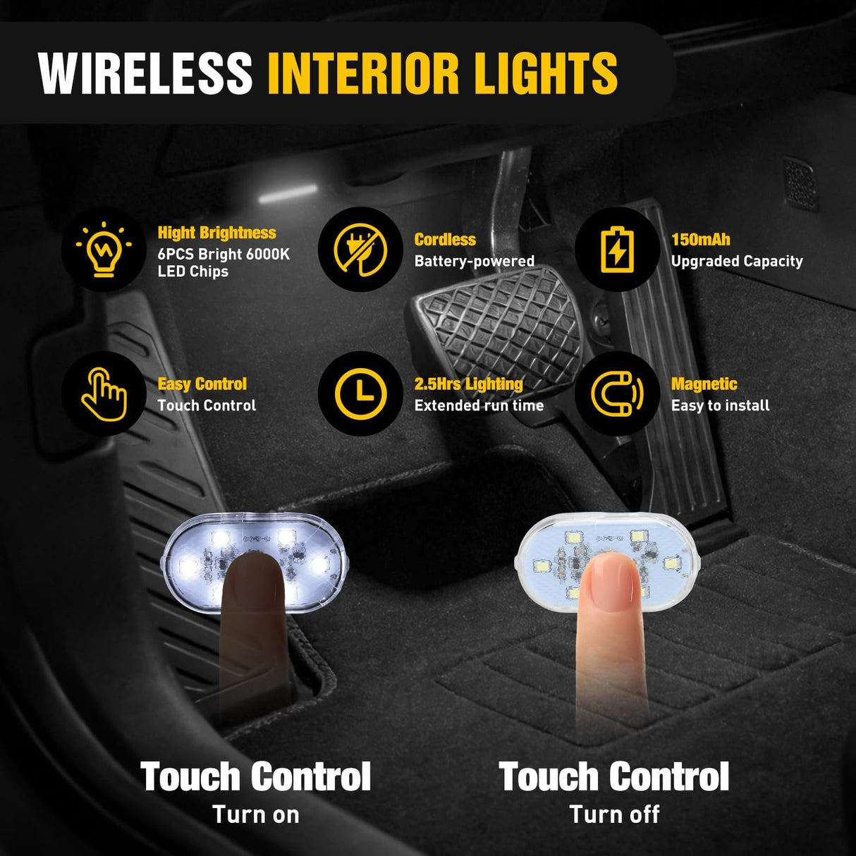 2 PCS White Color Wireless Magnetic LED Interior Lights | USB Rechargeable Universal Mini Sticky Footwell Ambient Atmosphere Reading Lamp with Touch Sensor, Portable Night Lighting