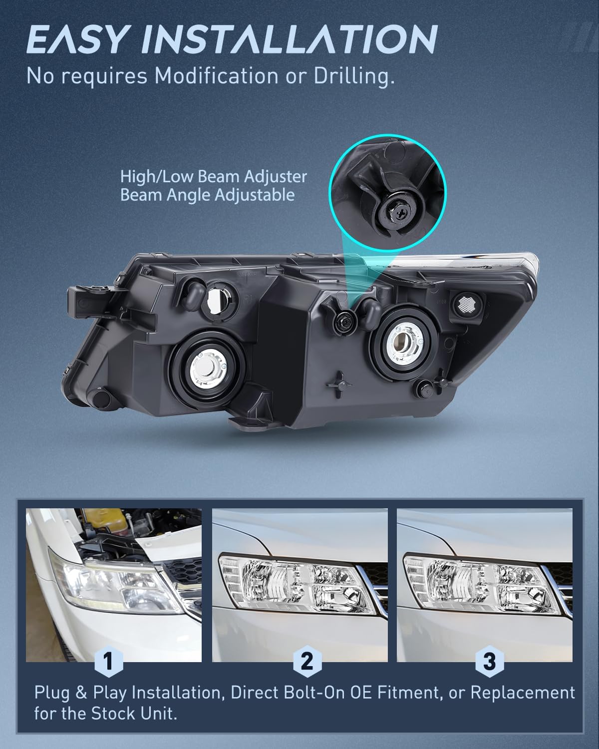 Headlight Assembly Compatible with 2009 2010 2011 2012 2013 2014 2015 2016 2017 2018 2019 2020 Dodge Journey Chrome Housing Clear Reflector Headlamp Passenger and Driver Side