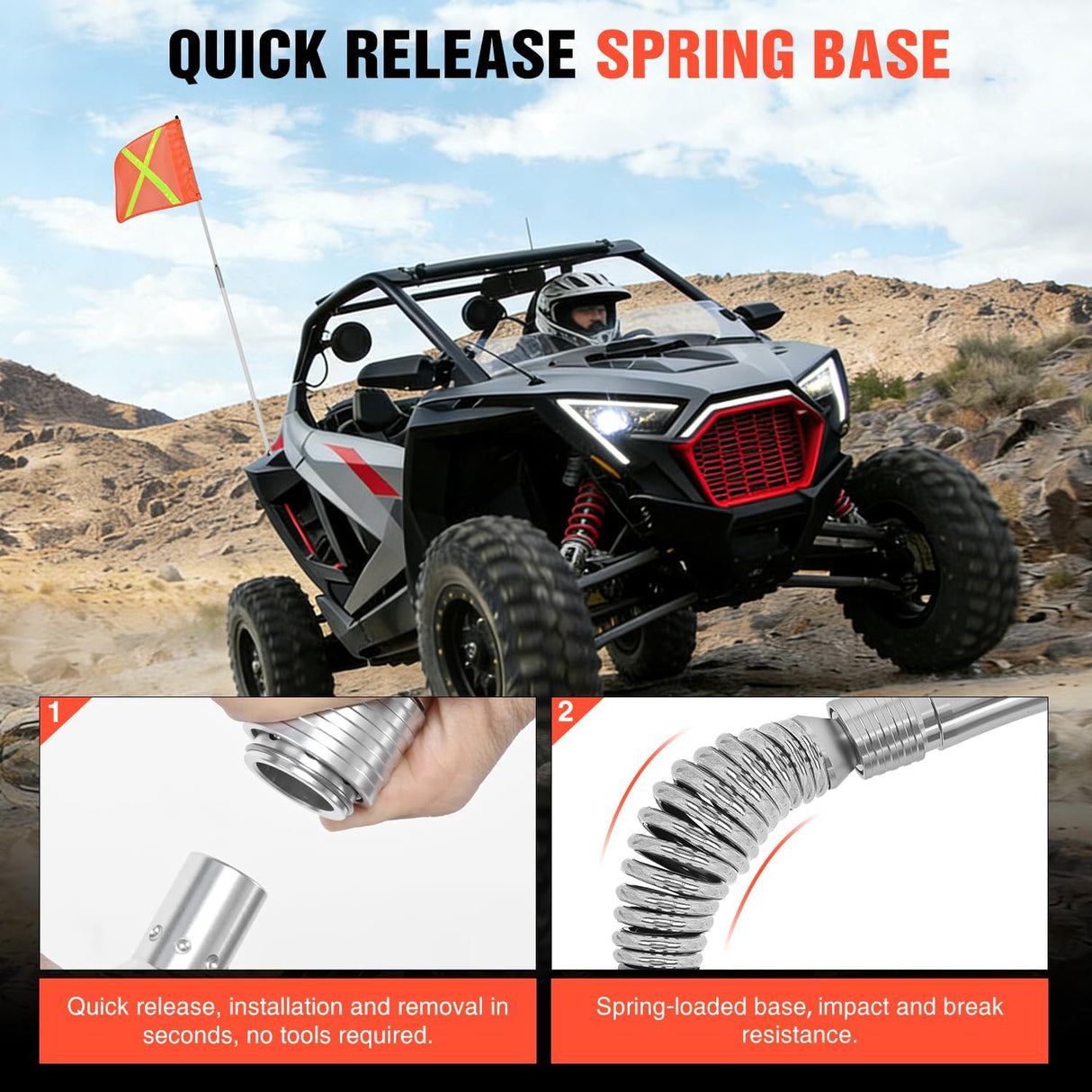 Safety Flag with Quick-Connect Spring Base & Carry Bag, Adjustable Height 3.4FT, 6.6FT, 10FT, 11.8 Inchx11.8 Inch Heavy Duty PVC Reflective Flag for ATV UTV Offroad Jeep Truck Dune Buggy Boat 4x4s SxS