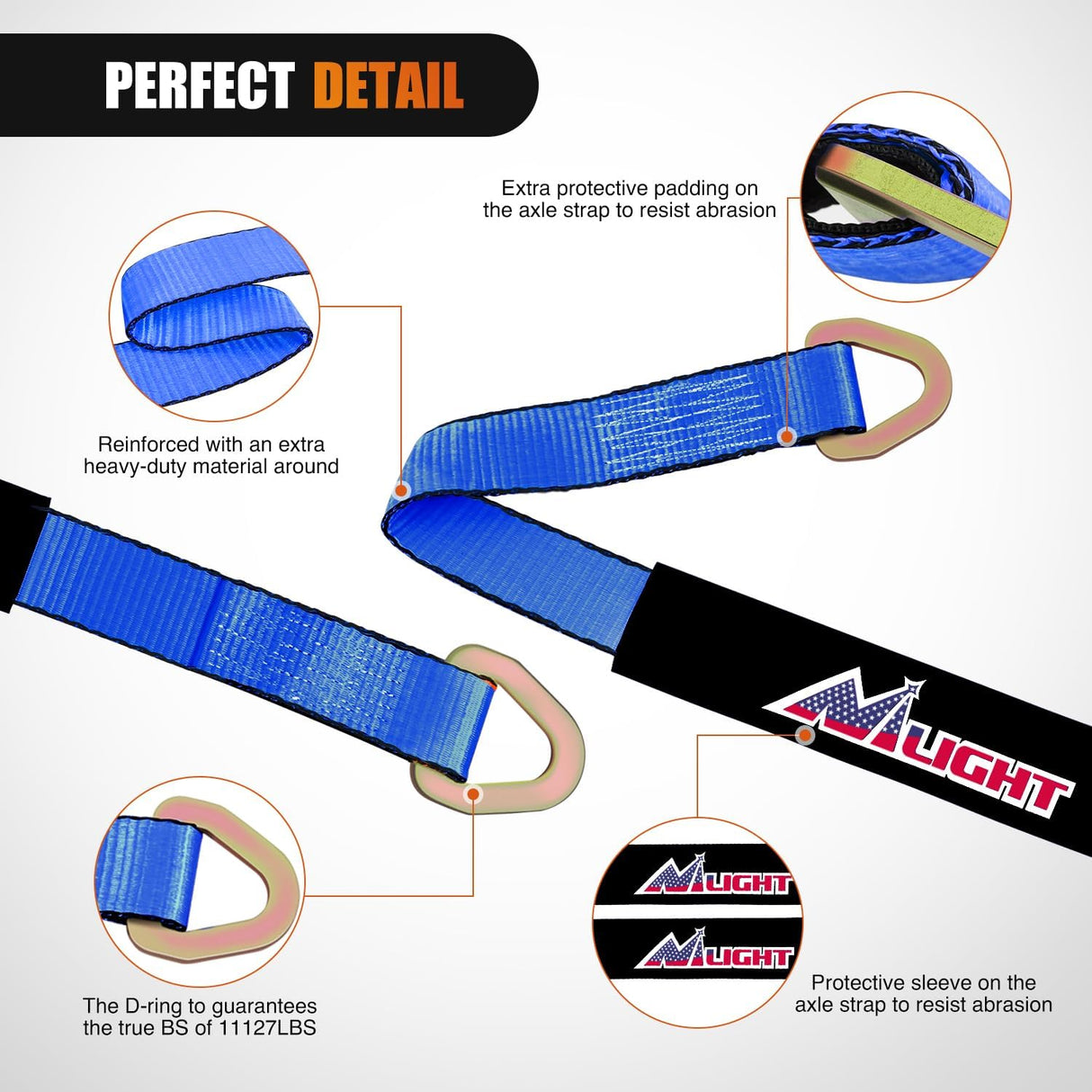 2 Inch x 38 Inch Axle Tie Down Straps with D-Rings & Protective Sleeves | 11,127 LBS Break Strength for Car Haulers Engine Hoists Trucks Trailers and UTVs 4 Pack Blue