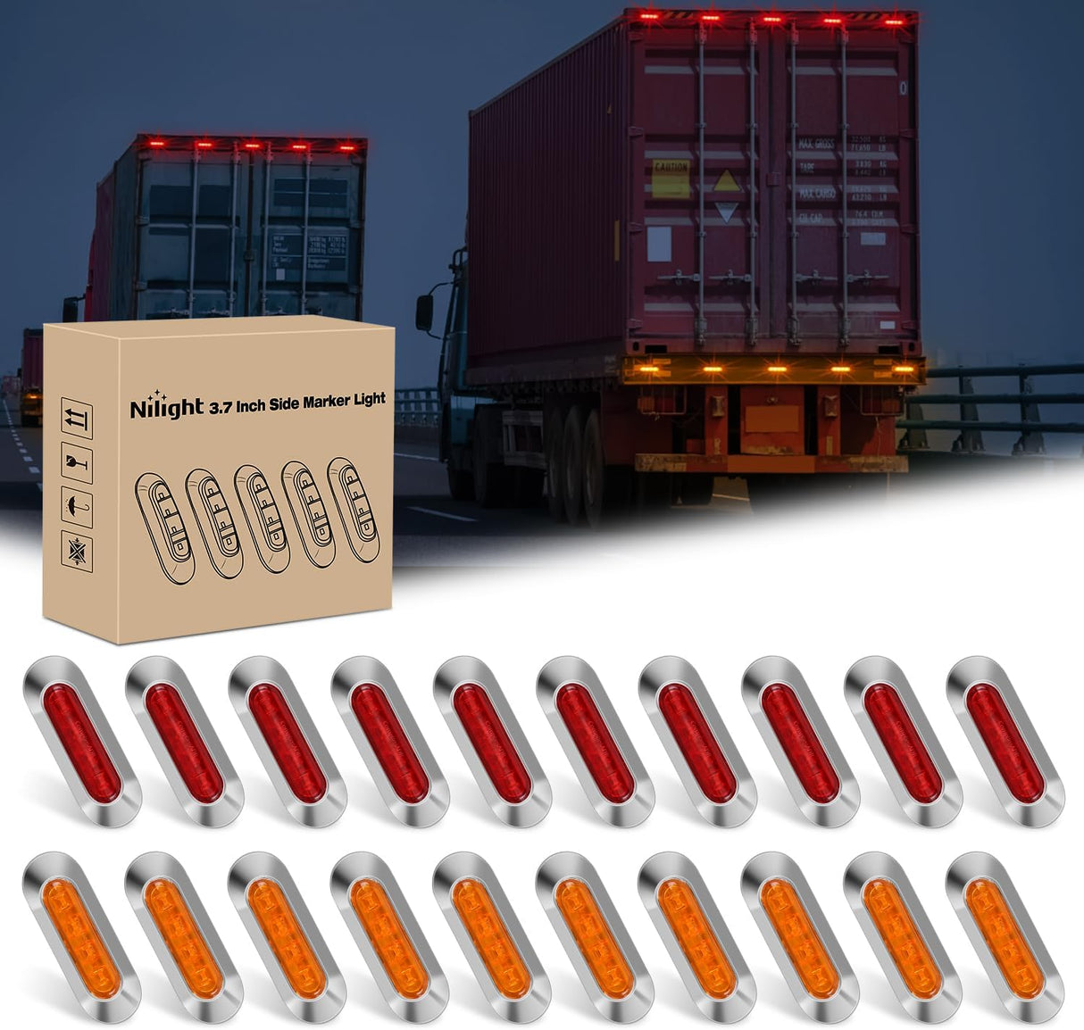 20PCS Amber Red Oval Side Marker Lights 4 LED 3.7 Inch Clearance Lamp IP68 Waterproof DC 12-24V with Chrome Bezel Universal for Car Auto Truck Bus Trailer Boat Deck