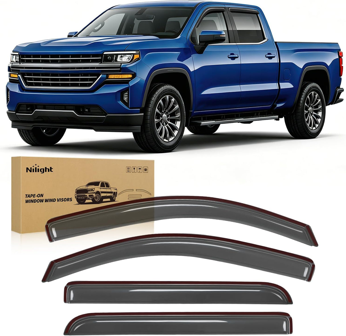 Tape-On Window Visors for Chevy Silverado 1500/GMC Sierra 1500 Crew Cab 2014-2018 Rain Guards Wind Deflectors Vent Shades, Smoke Sun Rain Guard, 4PCS