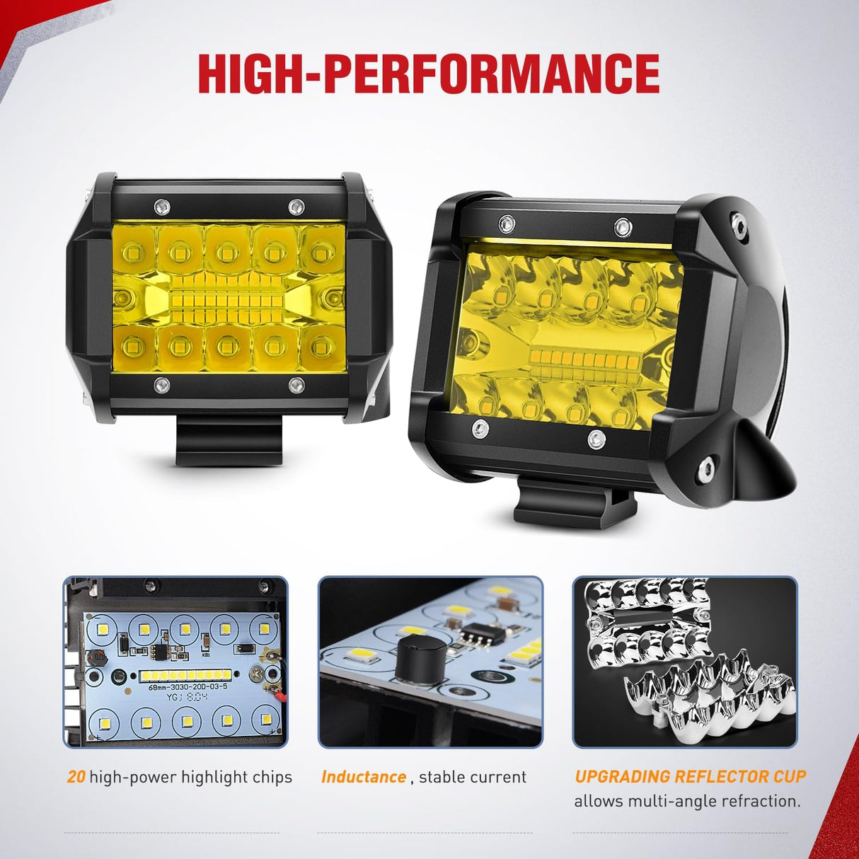4 Inch Yellow LED Light Pods 2PCS Triple Row 60W Flood Spot Combo Offroad Driving Fog Lighting for 12V 24V Pickup Truck ATV UTV SUV