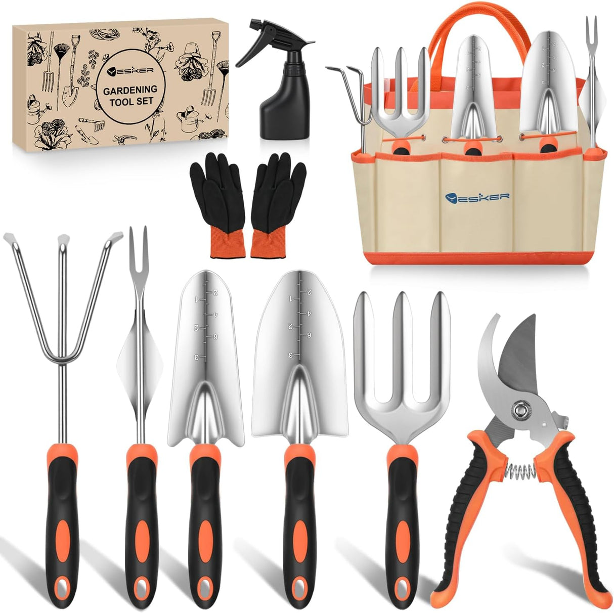 Gardening Tools 9-Piece Heavy Duty Garden Tool Set Gardening Supplies Gifts for Women Men Gardening Hand Tool Kit with Non-Slip Ergonomic Handle, Garden Bag, Durable Gloves and Shears, Orange