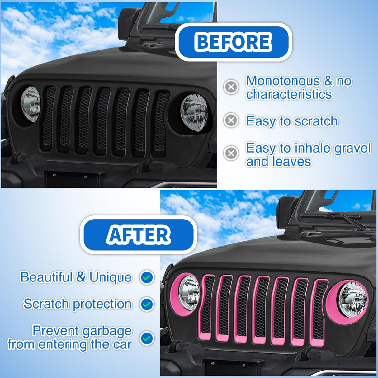 Grill Inserts fit for Jeep Wrangler Front Grille Inserts Headlight Cover Set for JL JLU Unlimited Sport SportS 2018 2019 2020 2021 2022 2023 Grille Bezels Trim Exterior Accessories Pink 9 Pcs