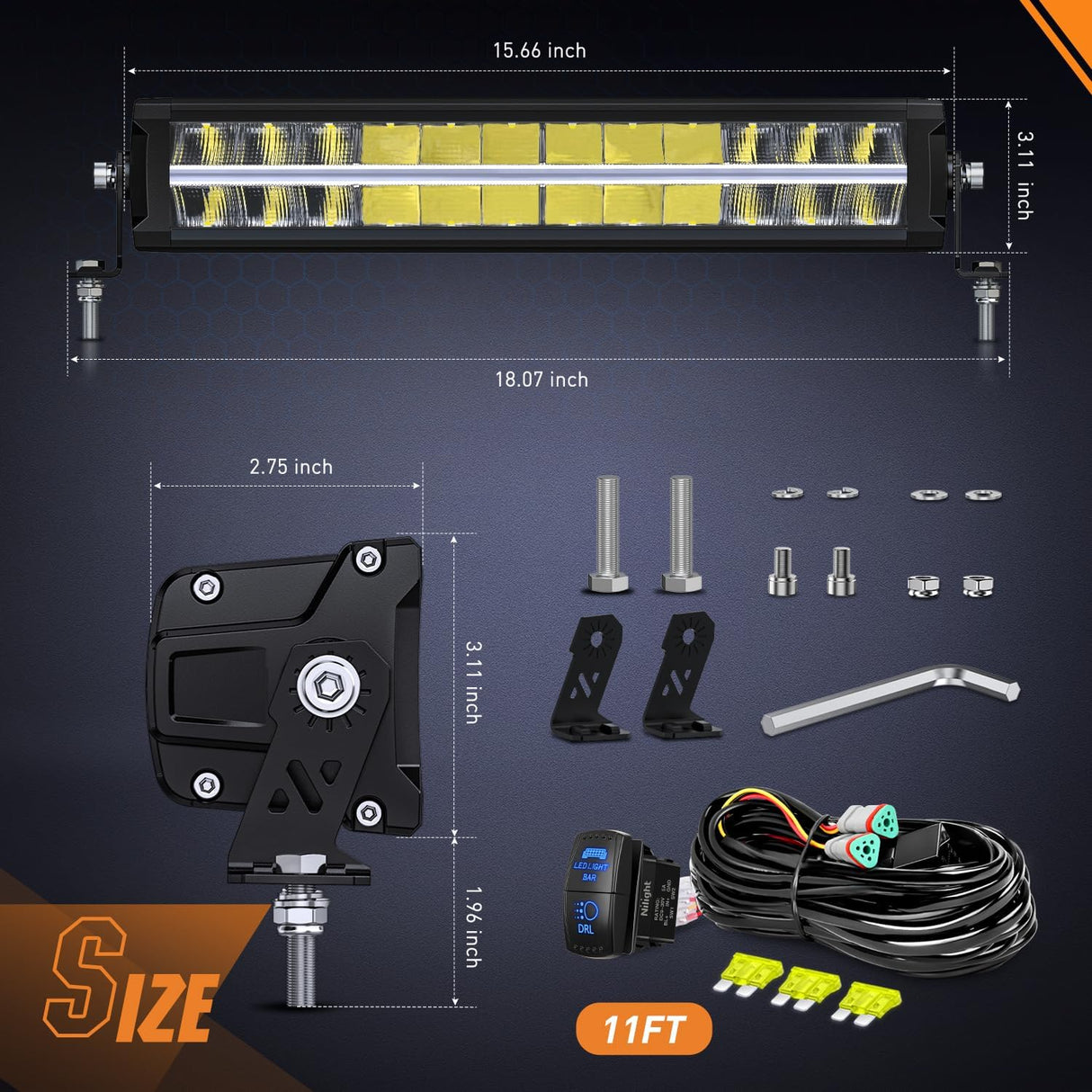 LED Light Bar with Amber DRL 16 Inch 120W Offroad Light Anti-Glare Flood Spot Combo LED Driving Light IP68 w/ 14 AWG DT Connector Wiring Harness for Pickup Truck SUV ATV UTV Boat 4x4