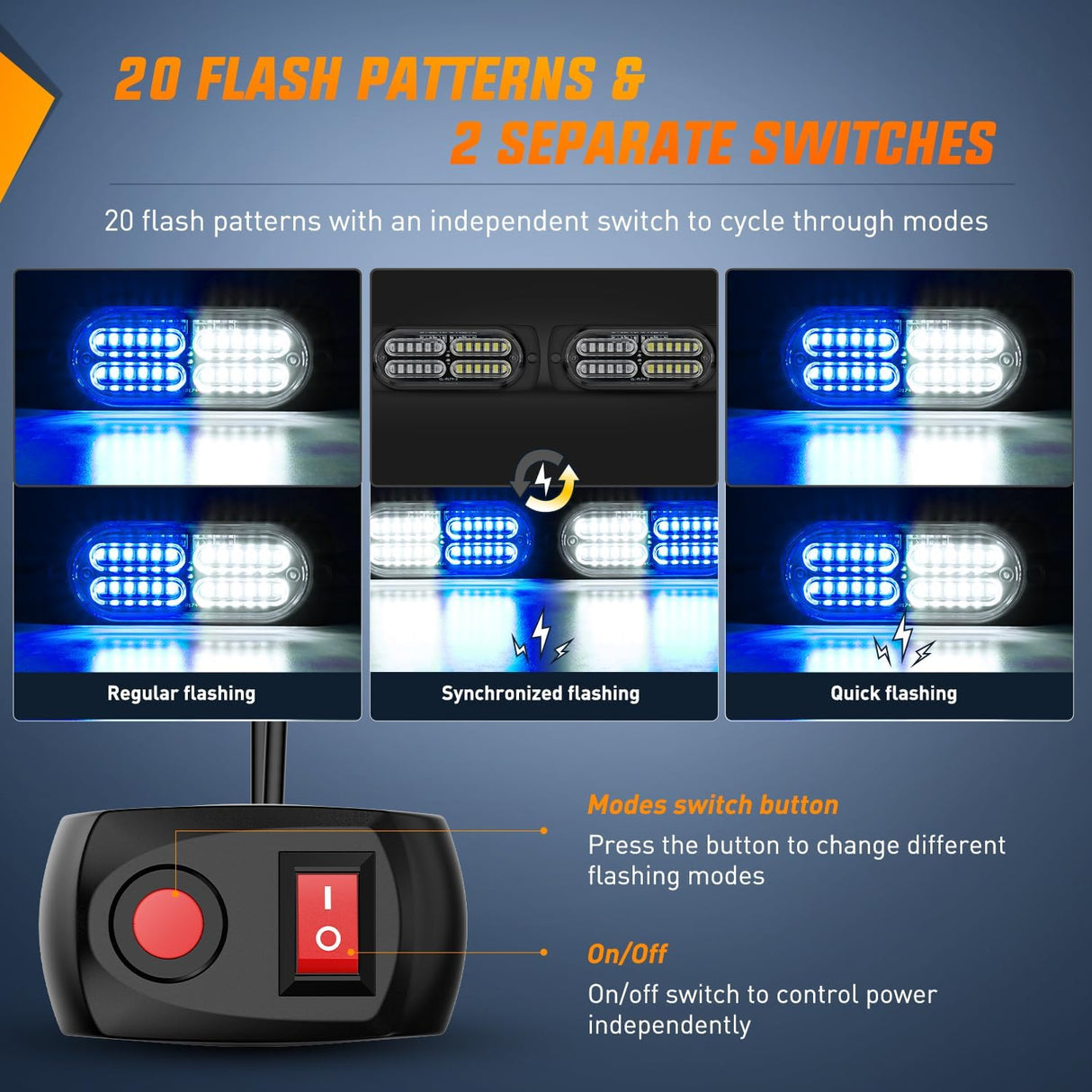 4PCS LED Strobe lights 12V 24V Sync Feature Blue White 24LED Emergency Hazard Warning Lights with Controller Hard Wire or Cigarette Lighter Plug for Car Truck RVs Campers