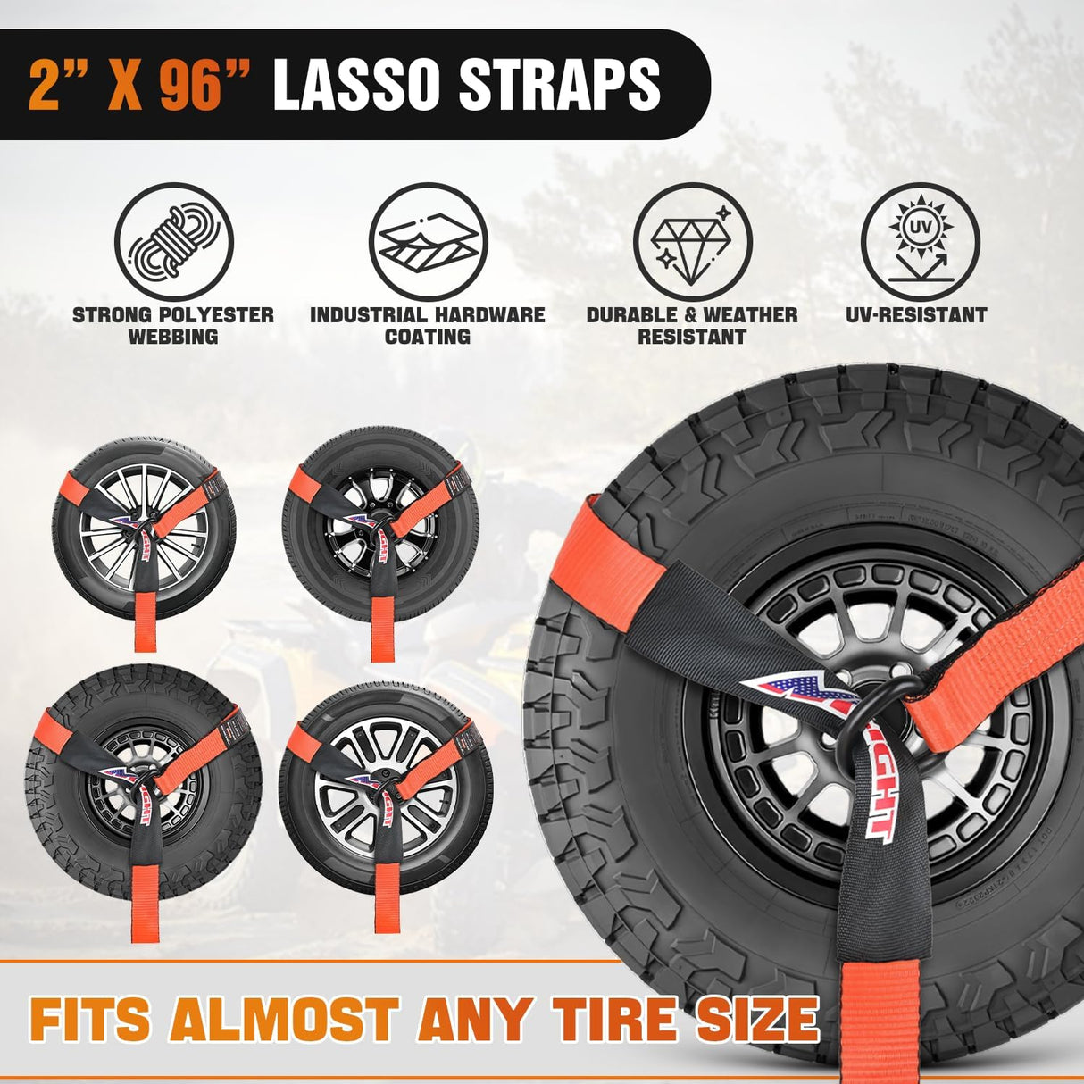 Car Tie Down Straps with Chain Hook Anchors 4 Pack Adjustable Wheel Straps 2 Inch x 96 Inch Lasso Style 3,674 lbs Safe Working Load Comes with Bag for Truck Cars UTV Orange