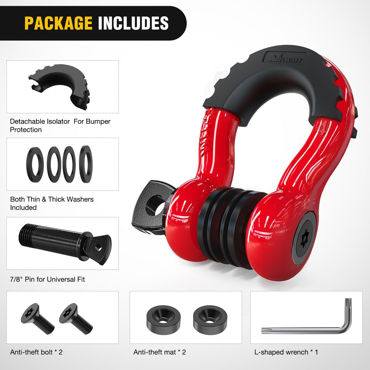 3/4 Inch D Ring Anti-Theft Shackle Tow Hook Jeep Truck SUV ATV UTV | Off Road Recovery Gear 19T 41,887 lbs Break Strength 4.75T WLL Rust-Resistant Anti-Rattle Isolators Heavy Duty Red 2pack