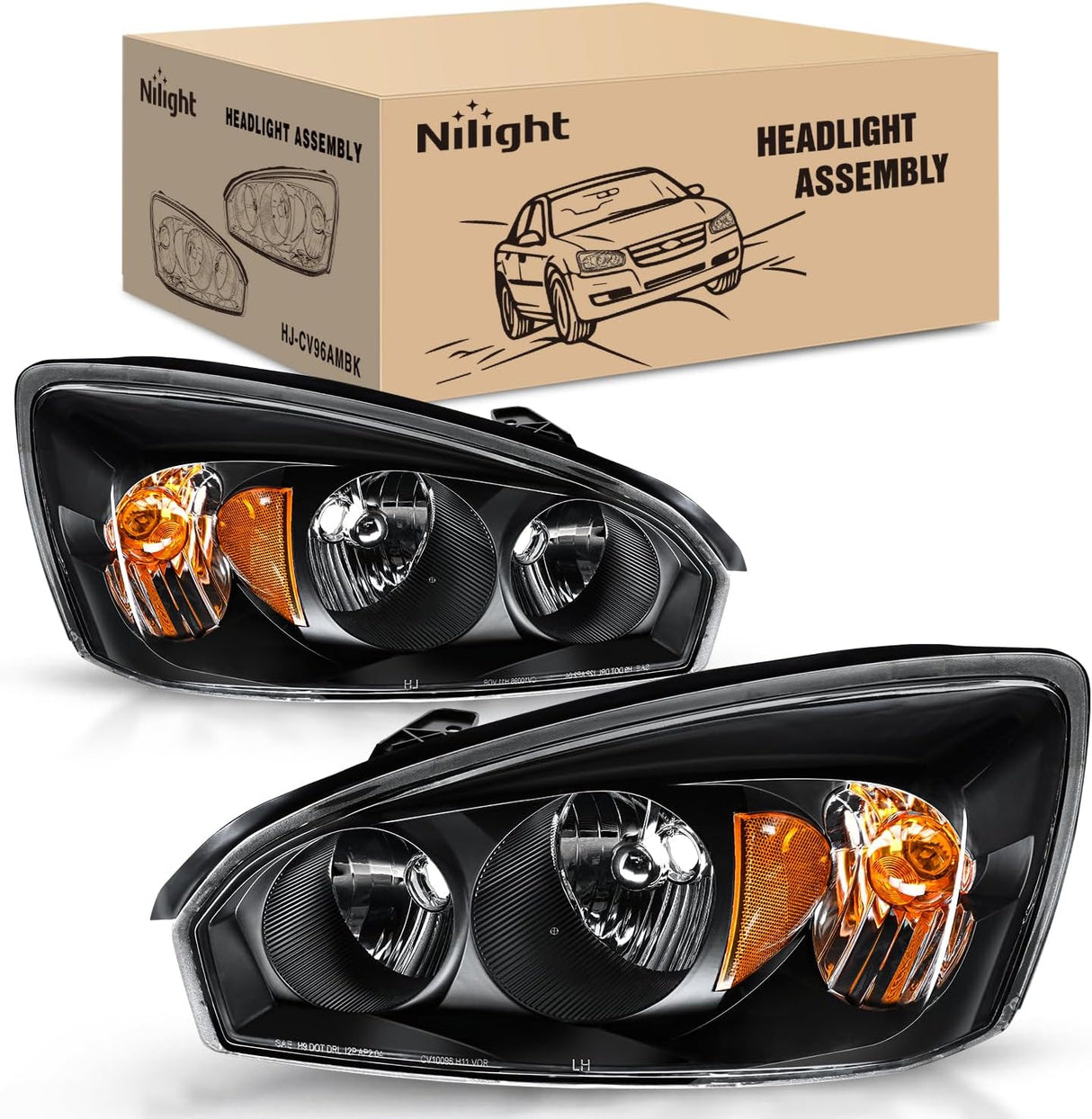 Headlight Assembly fit 2004-2007 Chevy Malibu 2008 Classic | 2004-2007 Chevrolet Chevy Malibu 2008 Classic OE Headlamp Replacement Black Housing Amber Reflector