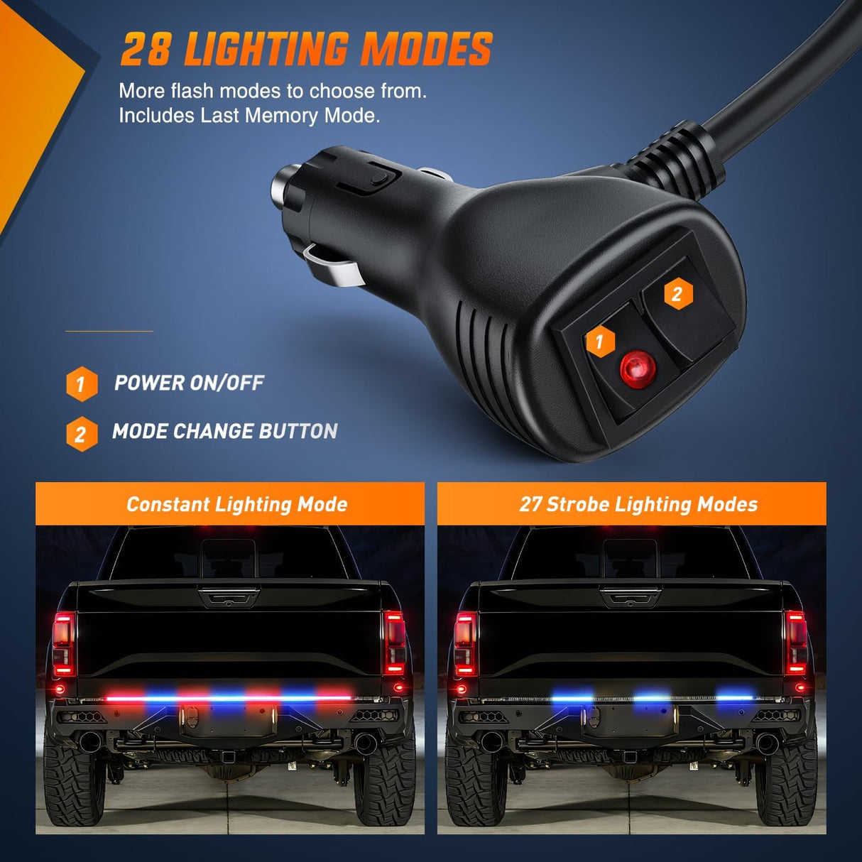 60 Inch Truck Tailgate Strobe Light Strip Tail Emergency Bar Rear Window Warning Lamp Ultra-Bright Double Row 360 LED for Pickup Trailers Construction Vehicles Car SUV, Red Blue