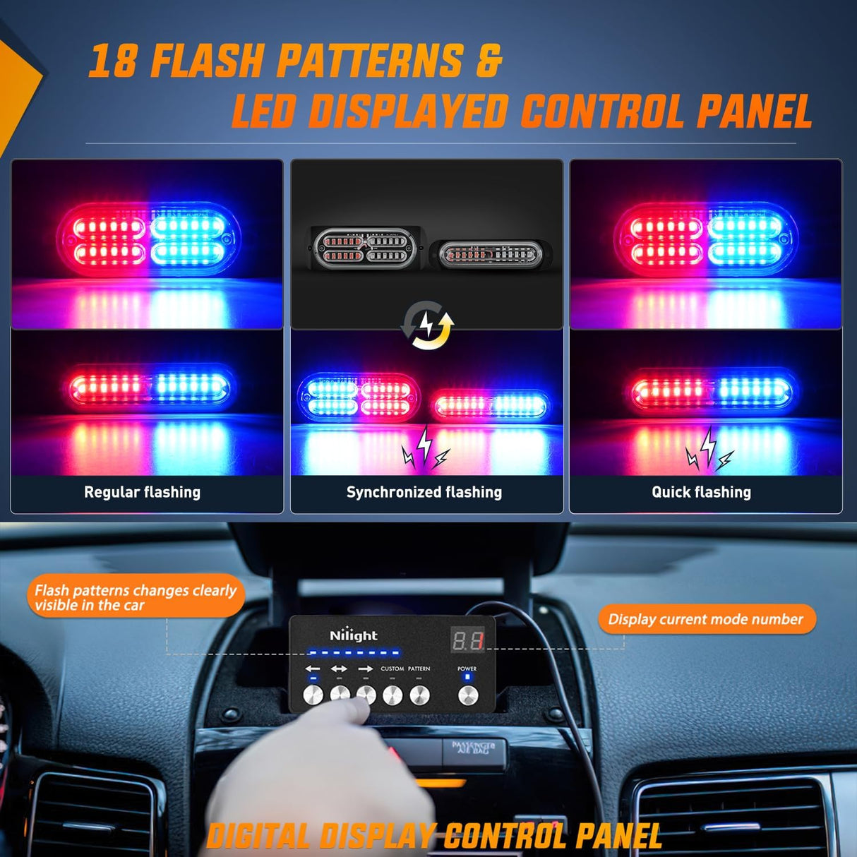 8PCS Led Strobe Lights with Controller 12V 24V Sync Feature Red Blue Light 12 24 LED Surface Mount Emergency Hazard Warning for Vehicle Car Truck RV ATV