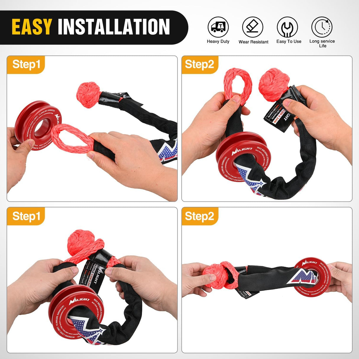 Synthetic Soft Shackle 1/2 Inch x 24 Inch & Recovery Ring Kit - 56,000 LBS Shackle Breaking Strength with 46,000 LBS MBS Snatch Pulley for 4x4 Truck SUV ATV UTV Off-Road Vehicle Extraction (Red)