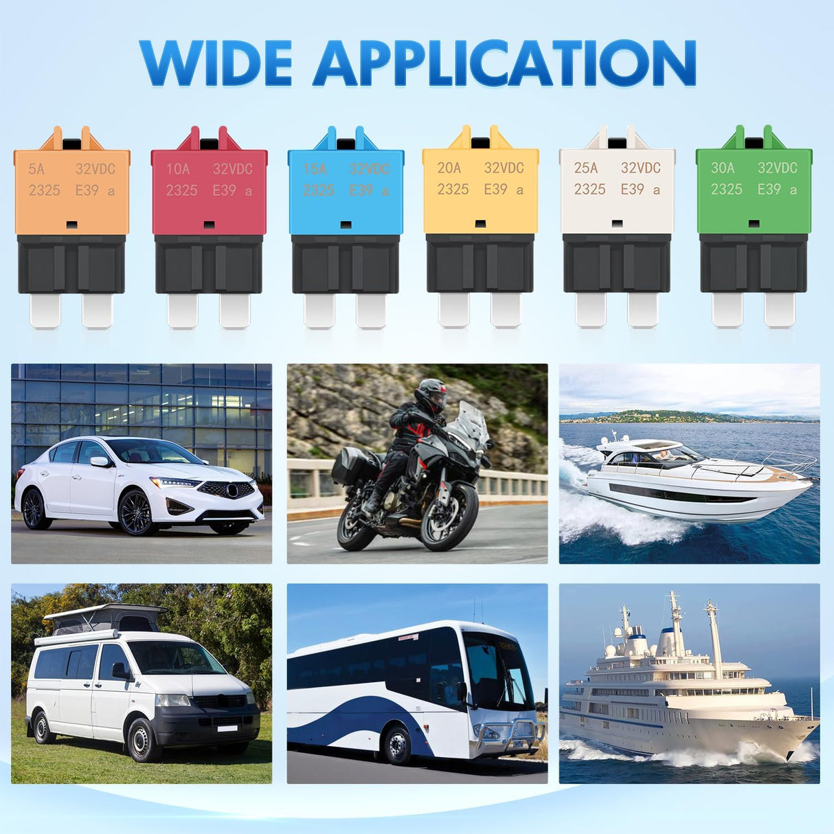 6PCS Circuit Breaker Manual Resettable Fuse Assortment Kit 12V-32V Low Profile ATO ATC Standard Regular 5A 10A 15A 20A 25A 30A Blade Fuses for Automotive Cars Trucks SUV Boat