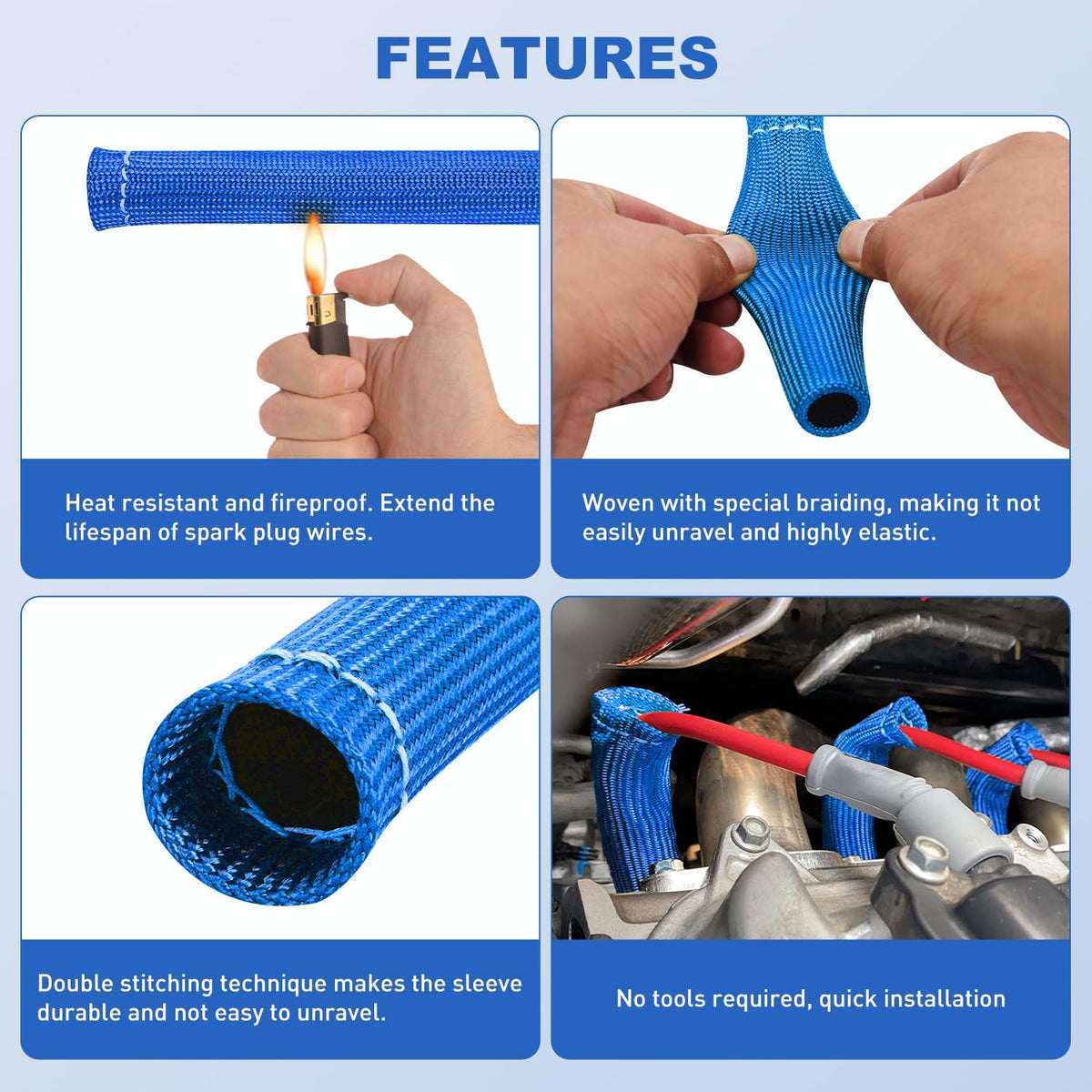 6 Inch Spark Plug Wire Heat Shield Sleeve 8PCS Blue | 3002°F Boot Protector with 10 Metal Zip Ties, Replacement for LS1 LS2 SBC BBC 350 454 Car Truck