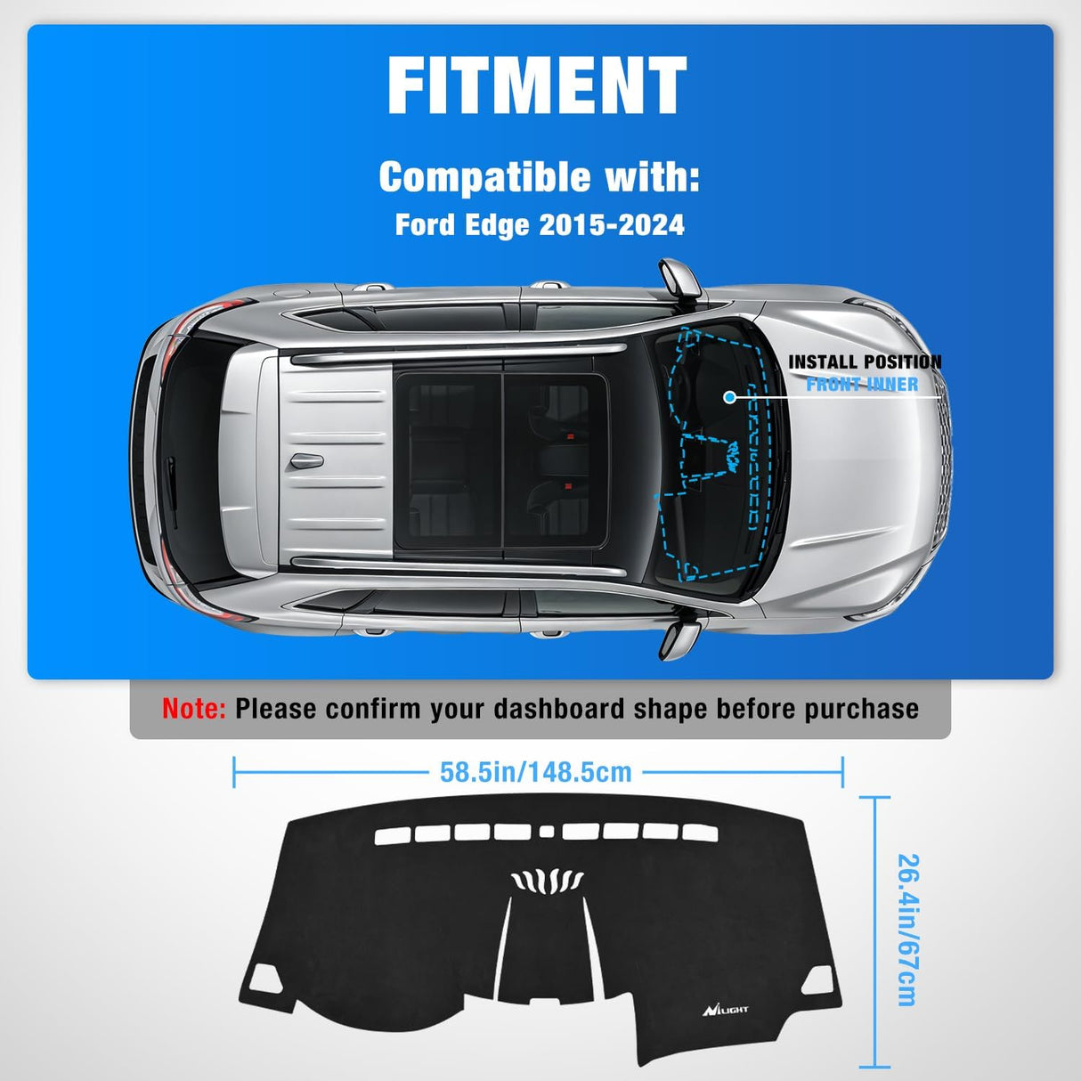 Dash Cover for Ford Edge 2015-2024, Custom Fit Suede Mat | Non-Slip Backing, Reduce Sun Glare and Protect the Dashboard from UV Exposure
