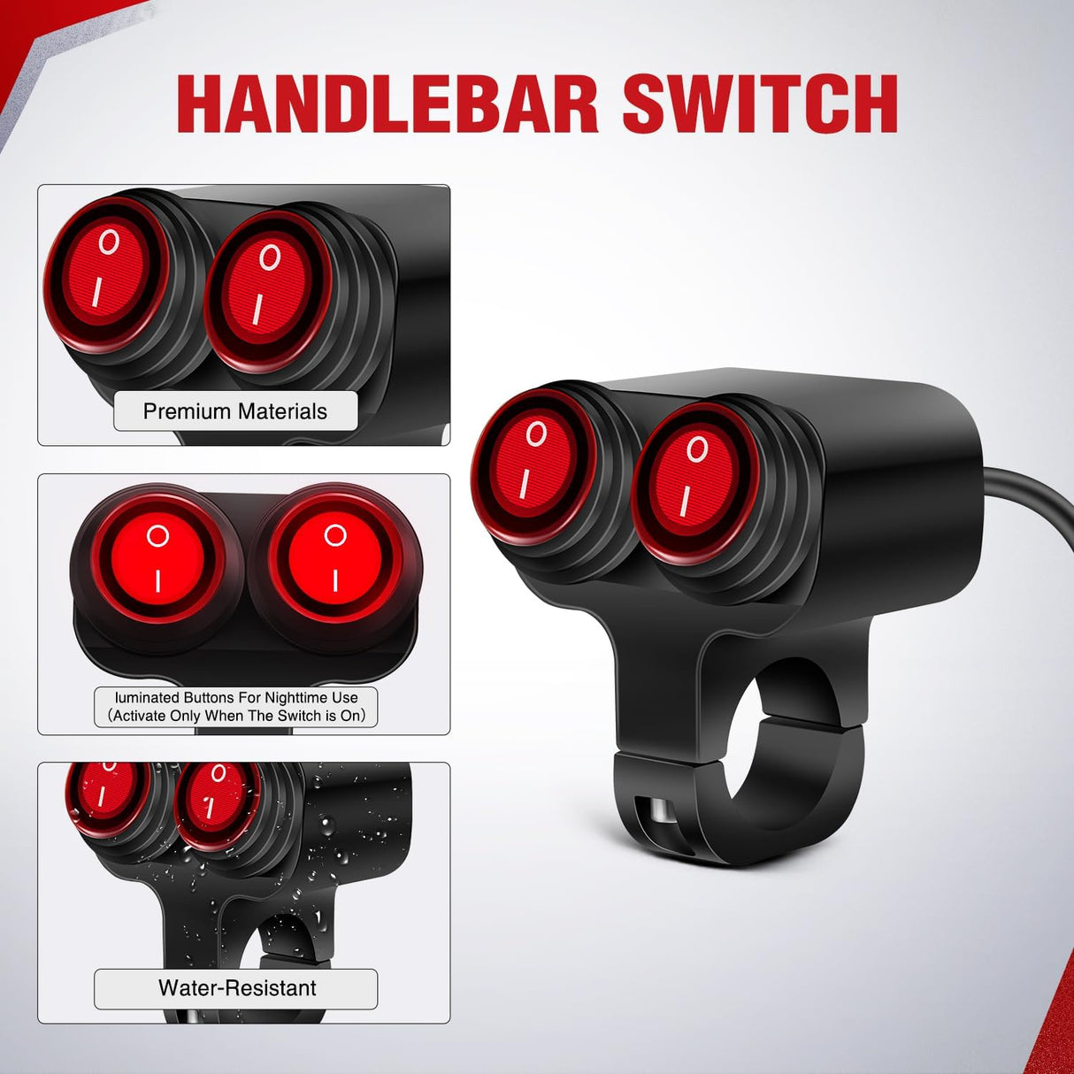 Motorcycle 7/8 Inch (22mm) Handlebar Switch Plug and Play 12V Waterproof On Off Push Button Dual Control for ATV UTV Driving Light Bar