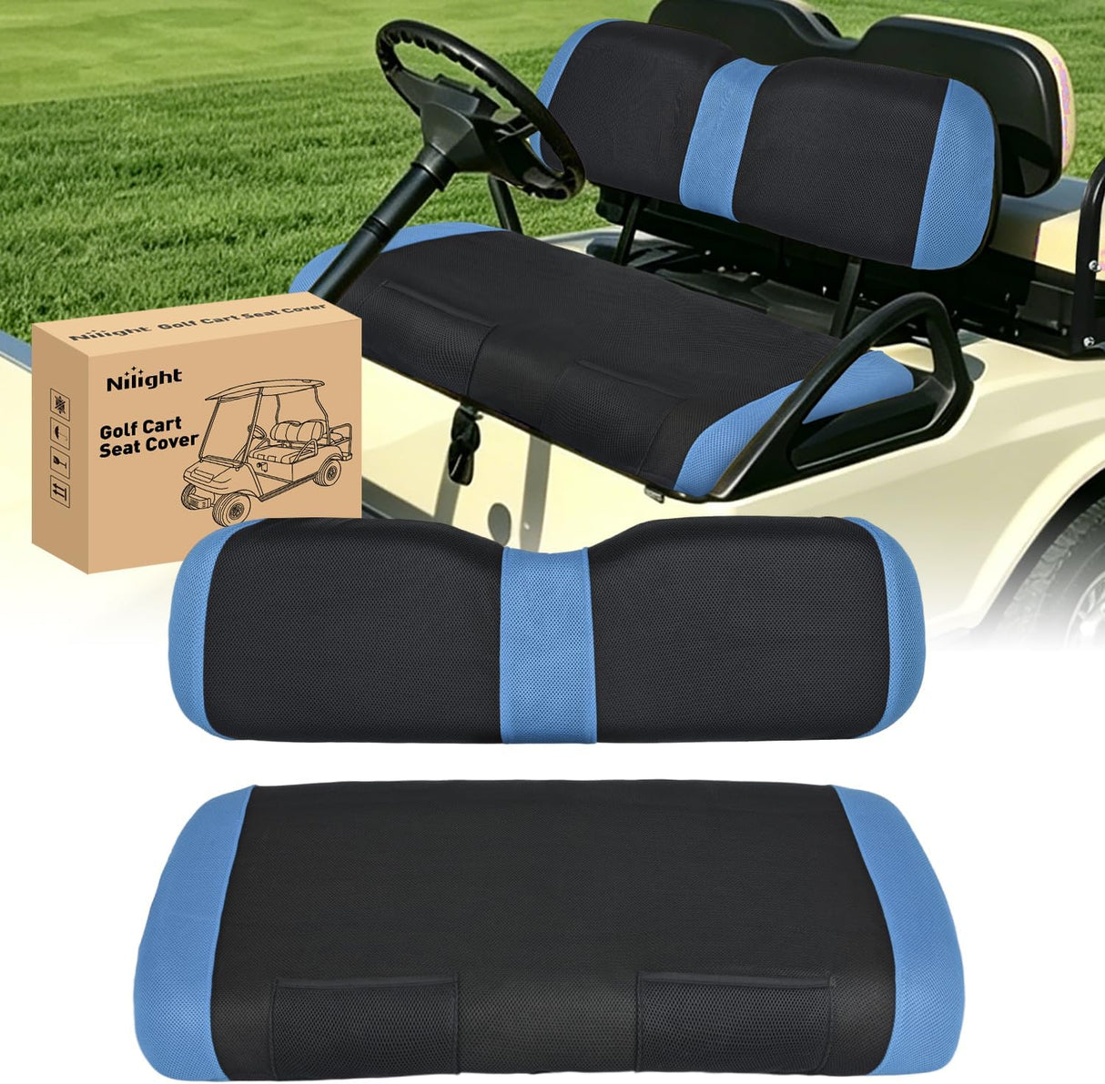 Golf Cart Front Seat Cover 1PC Blue Black EZGO TXT RXV Club Car DS | Breathable Sandwich Mesh Sun Scratch Resistant Washable No Staple Fits 1994-2013 EZGO TXT RXV and 2000-2026 Club Car DS