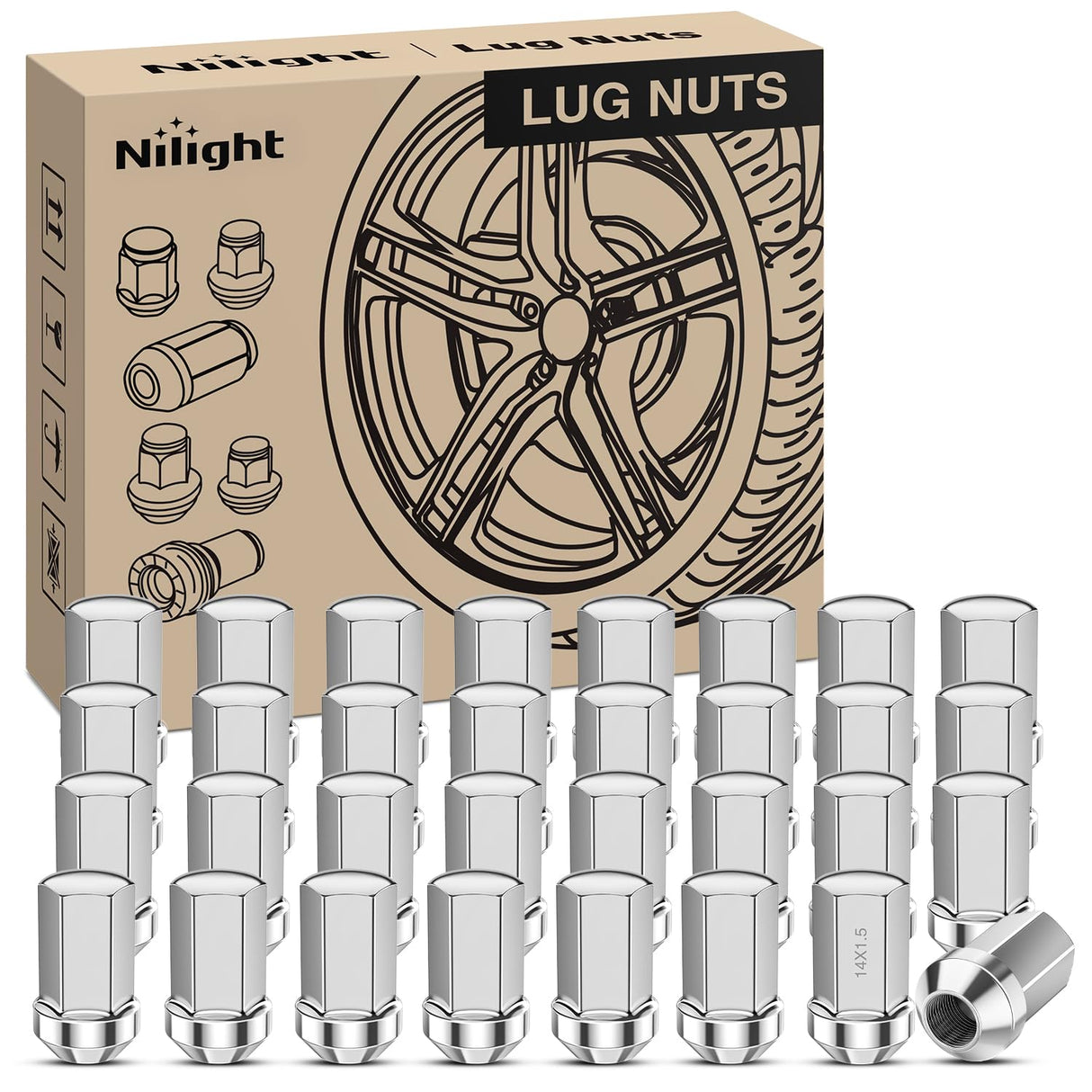 32PCS M14x1.5 Lug Nuts Compatible with 2012+ RAM 2500 3500 | for 2008+ Chevy Silverado/GMC Sierra 2500 3500 One-Piece Solid Chrome Steel Aftermarket Wheel Nuts Replace