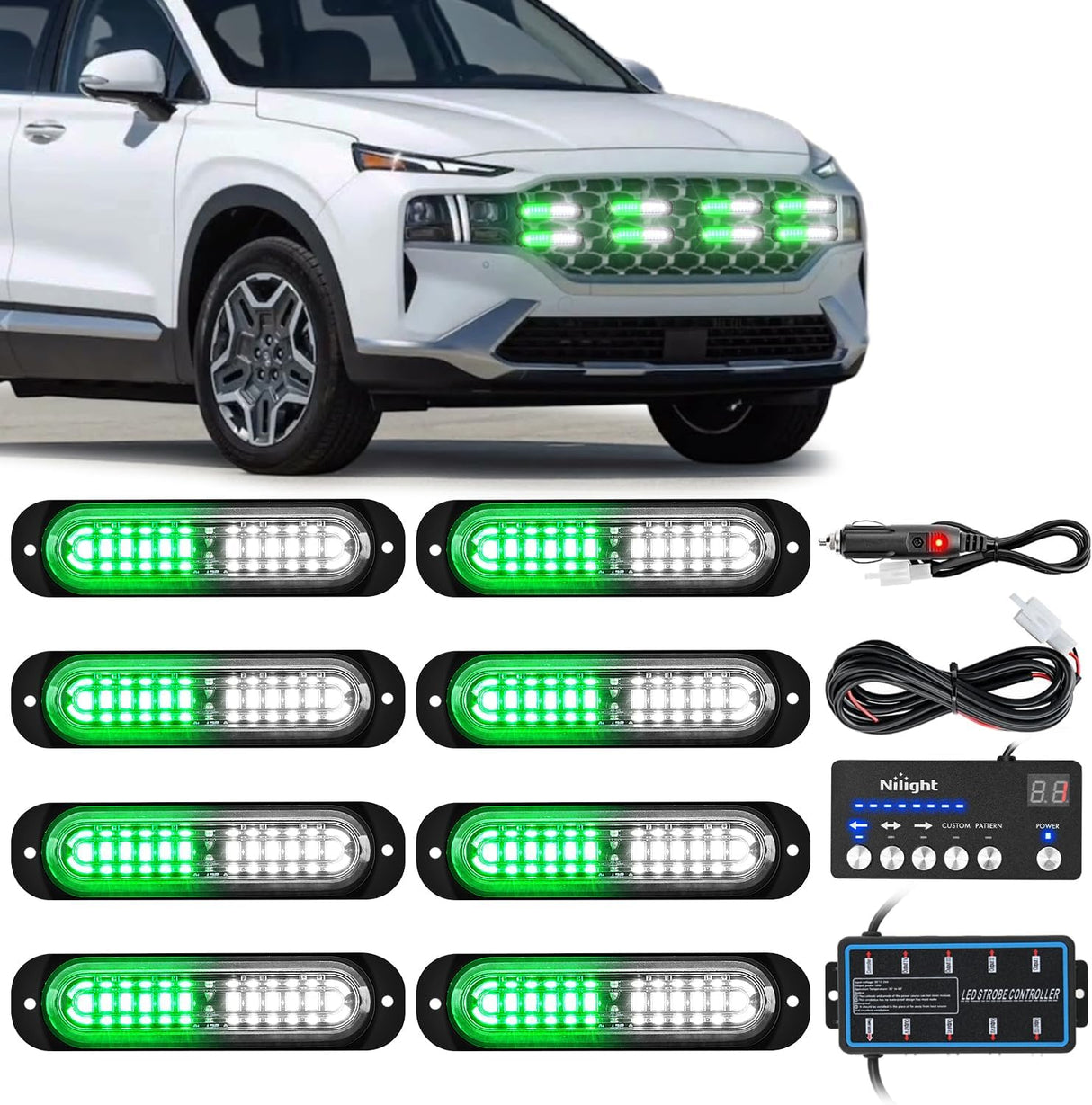 8PCS Led Strobe Lights with Controller 12V 24V Sync Feature Green White Strobe Light 12 LED Surface Mount Emergency Hazard Warning Lights with Strobe Controller for Vehicle Car Truck RV ATV