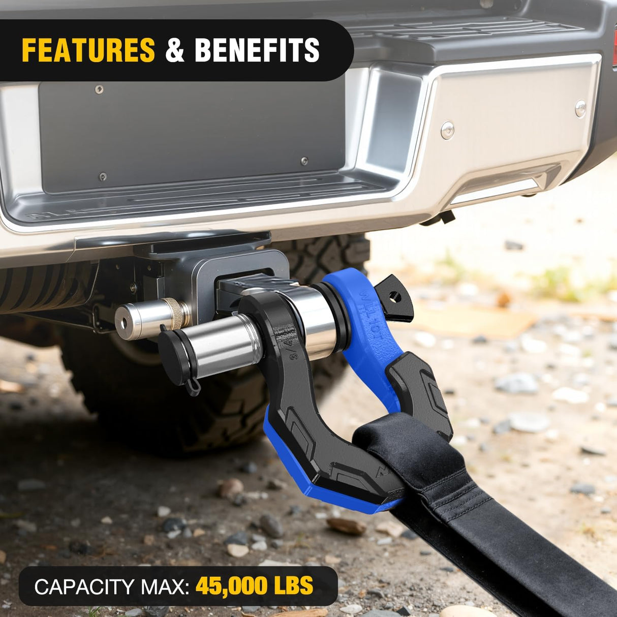 2 Pack 3/4 Inch D-Ring Separate Shackle 45,000 Lbs Break Strength | Includes 7/8 Inch Lock Pin, Isolators and Washers Off Road Recovery, for Tow Strap Winch Truck Vehicle Black&Blue