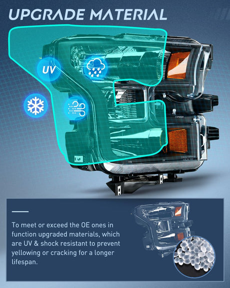 2015-2017 Ford F150 Headlight Assembly Black Housing Amber Reflector Upgraded Clear Lens Nilight