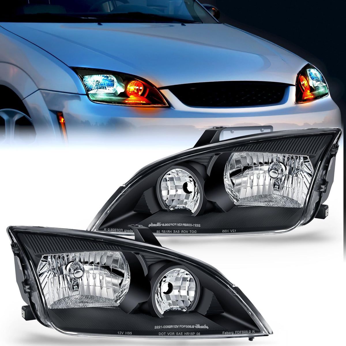 2005-2007 Ford Focus Headlight Assembly Black Housing Clear Reflector Clear  Lens