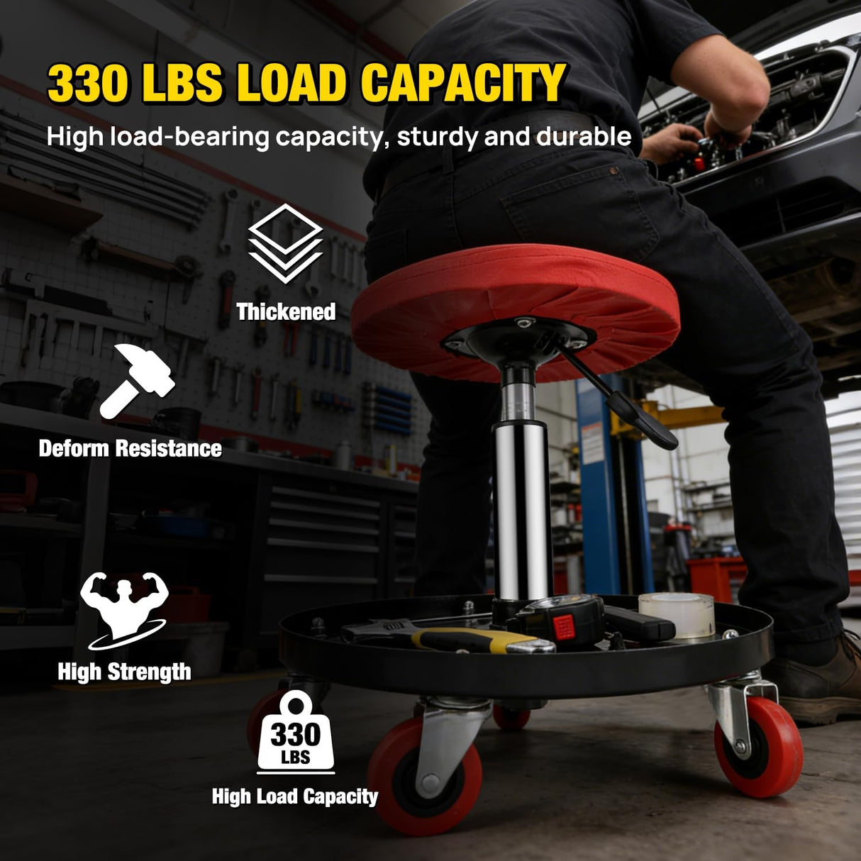 Rolling Mechanic Stool 330LBS Pneumatic Adjustable Swivel PU Seat | 360° Swivel Casters Steel Tool Tray Waterproof Seat for Garage Auto Repair Shop Workshop Warehouse Heavy Duty Workbench Stool