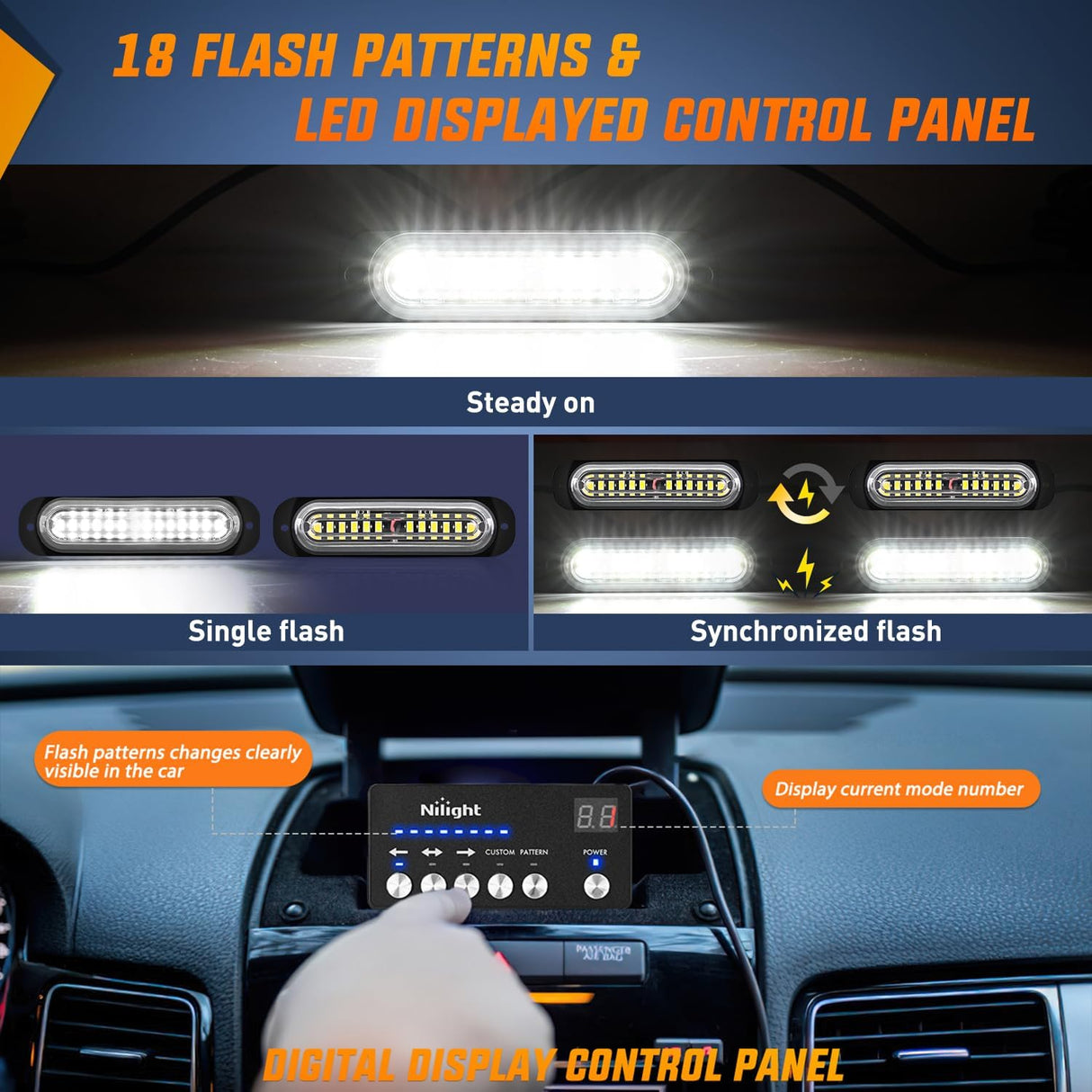 8PCS Led Strobe Lights with Controller 12V 24V Sync Feature White Strobe Light 12 LED Surface Mount Emergency Hazard Warning Lights with Strobe Controller for Vehicle Car Truck RV ATV