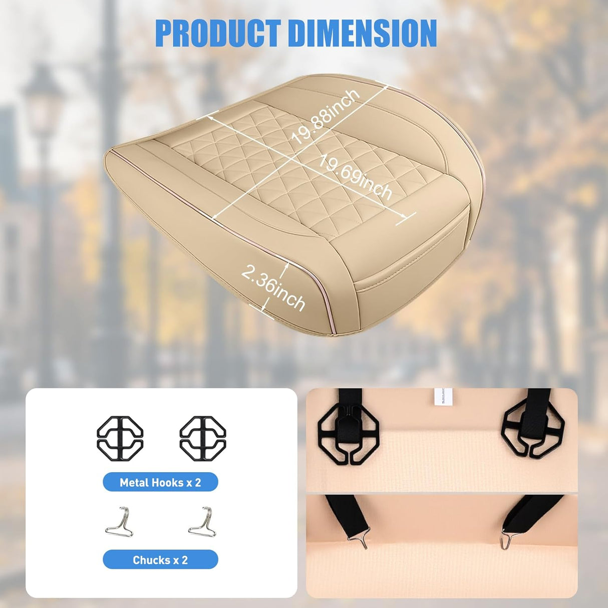 Car Seat Cushion Cover Beige Leather Front Seats Waterproof Anti-Slip with Storage Bag Wraps Bottom Fits Cars Sedan Van SUV Truck