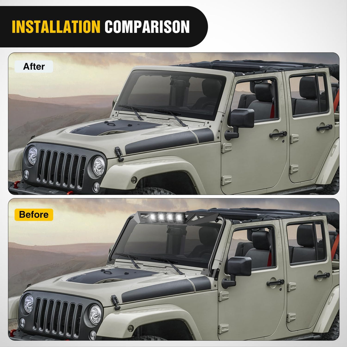 Front Windshield Frame Cover Roof Sun Visor Cowl Body Armor with 4 x LED Lights Compatible with 2007-2018 Jeep Wrangler JK JKU Unlimited, Windscreen Rack Protector Stand