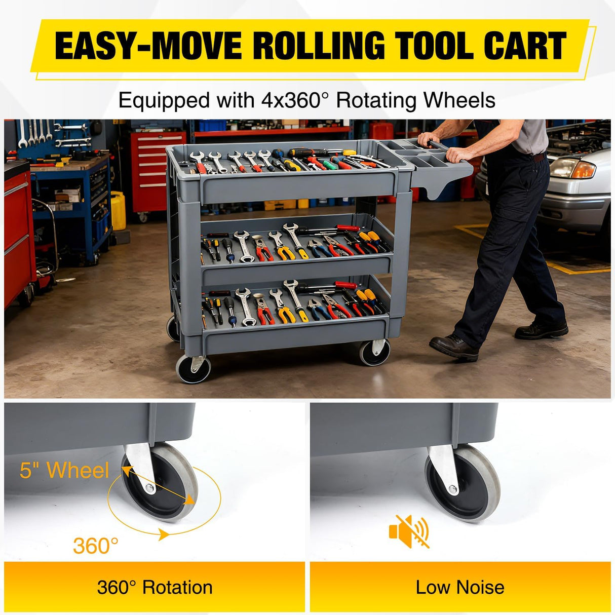Heavy Duty 3-Shelf Plastic Utility Cart - 550 lbs Capacity Rolling Service Cart with 5 Inch TPU Silent Wheels & Integrated Tool Handle - Grey