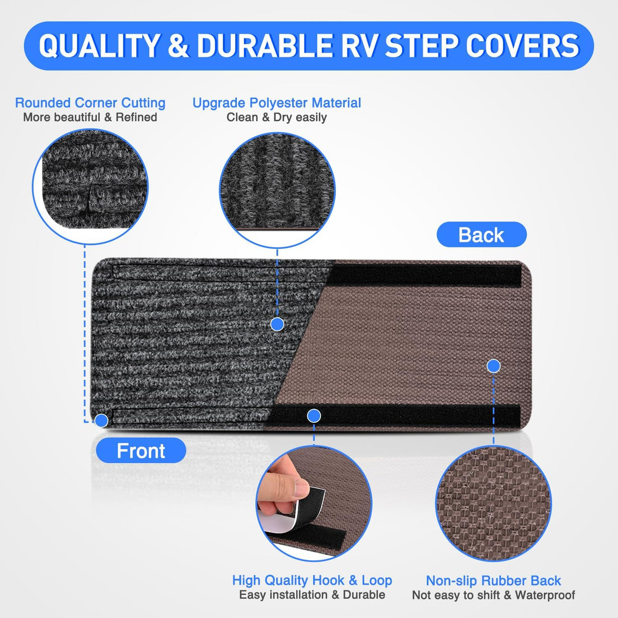 RV Step Covers 4 Pack 19 x 7.5 inches, Non Slip Camper Stair Cover Rug with Hook & Loop Works on Electrical Manual RV Stairs Carpet Step Rug for Mobile Home Camper Trailers Steps Outside, Gray