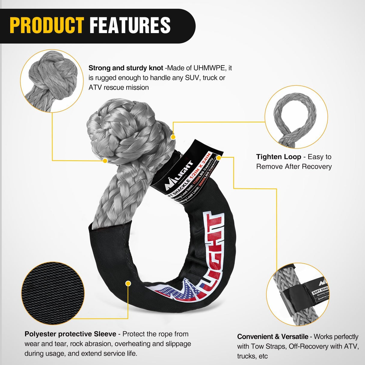 2PCS Synthetic Soft Shackle 1/2 Inch x 24 Inch & Recovery Ring Kit - 56,000 LBS Shackle Breaking Strength with 46,000 LBS MBS Snatch Pulley for 4x4 Truck SUV ATV UTV Off-Road Vehicle Extraction (Gray)