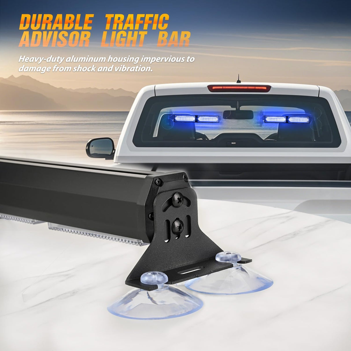 40LED Blue Emergency Strobe Traffic Advisor Light Bar with Suction Cups Dash Safety Warning Hazard Flashing Lights Interior Front/Rear Windshield for Trucks Construction Vehicles