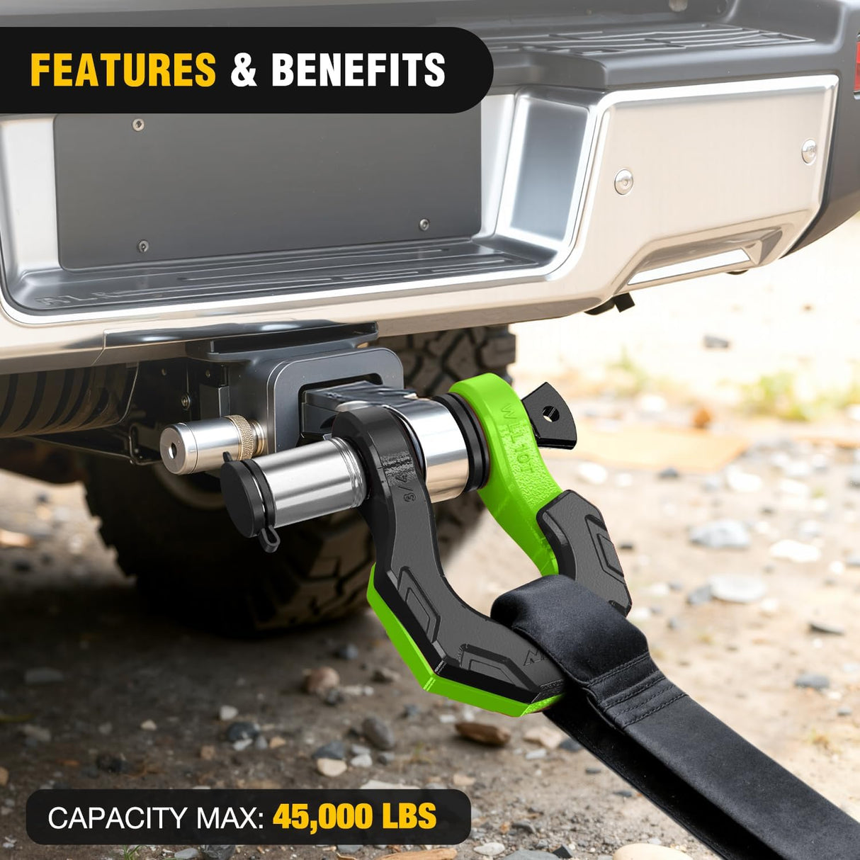 2 Pack 3/4 Inch D-Ring Separate Shackle 45,000 Lbs Break Strength | Includes 7/8 Inch Lock Pin, Isolators and Washers Off Road Recovery, for Tow Strap Winch Truck Vehicle Black&Green