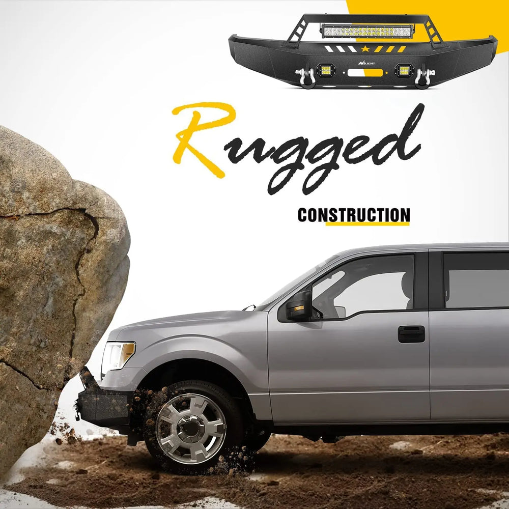 2009-2014 Ford F150 Front Bumper Full Width Solid Steel with Winch Plate Offroad 120W LED Light Bar 2Pcs 18W LED Work Light Pods Nilight