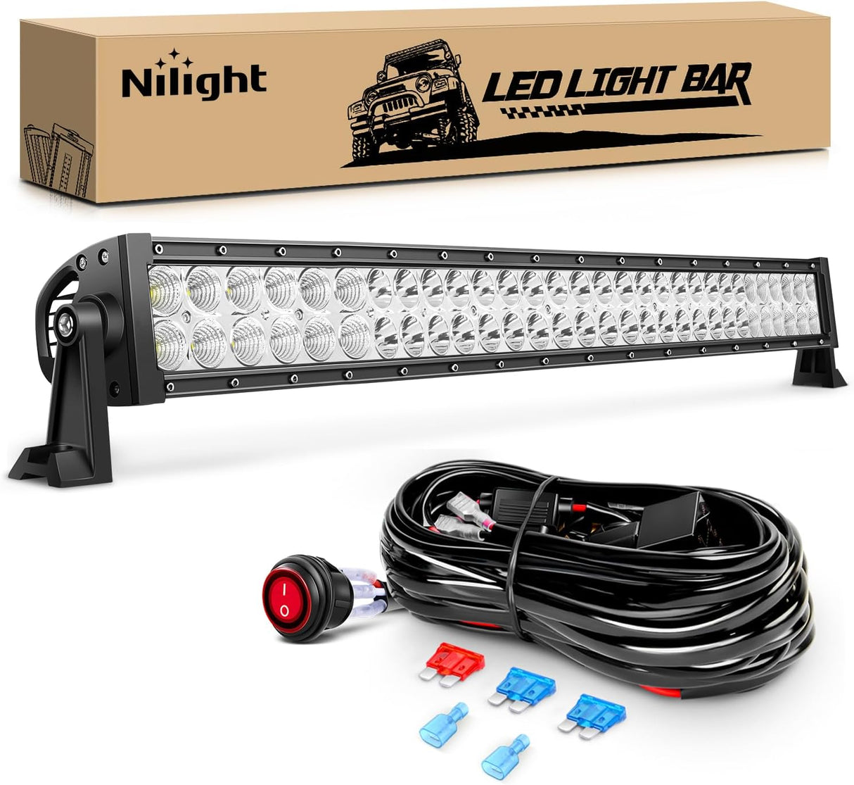 LED Light Bar 32Inch 180W Spot Flood Combo Driving Upper Windshield Roof Lighting with 12V 16AWG Wiring Harness Kit for Truck Tractor Trailer Pickup SUV 4x4 Van Camper