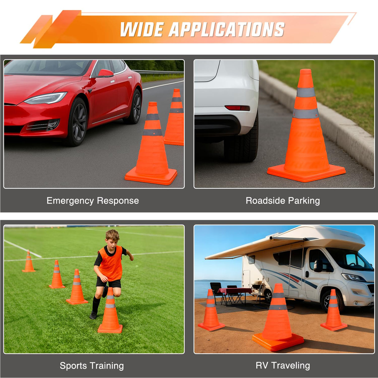 18 Inch Collapsible Traffic Safety Cones 4 Pack - Bright Orange Parking Cones with Reflective Collars for Roadside Emergency, Parking, Driving Practice