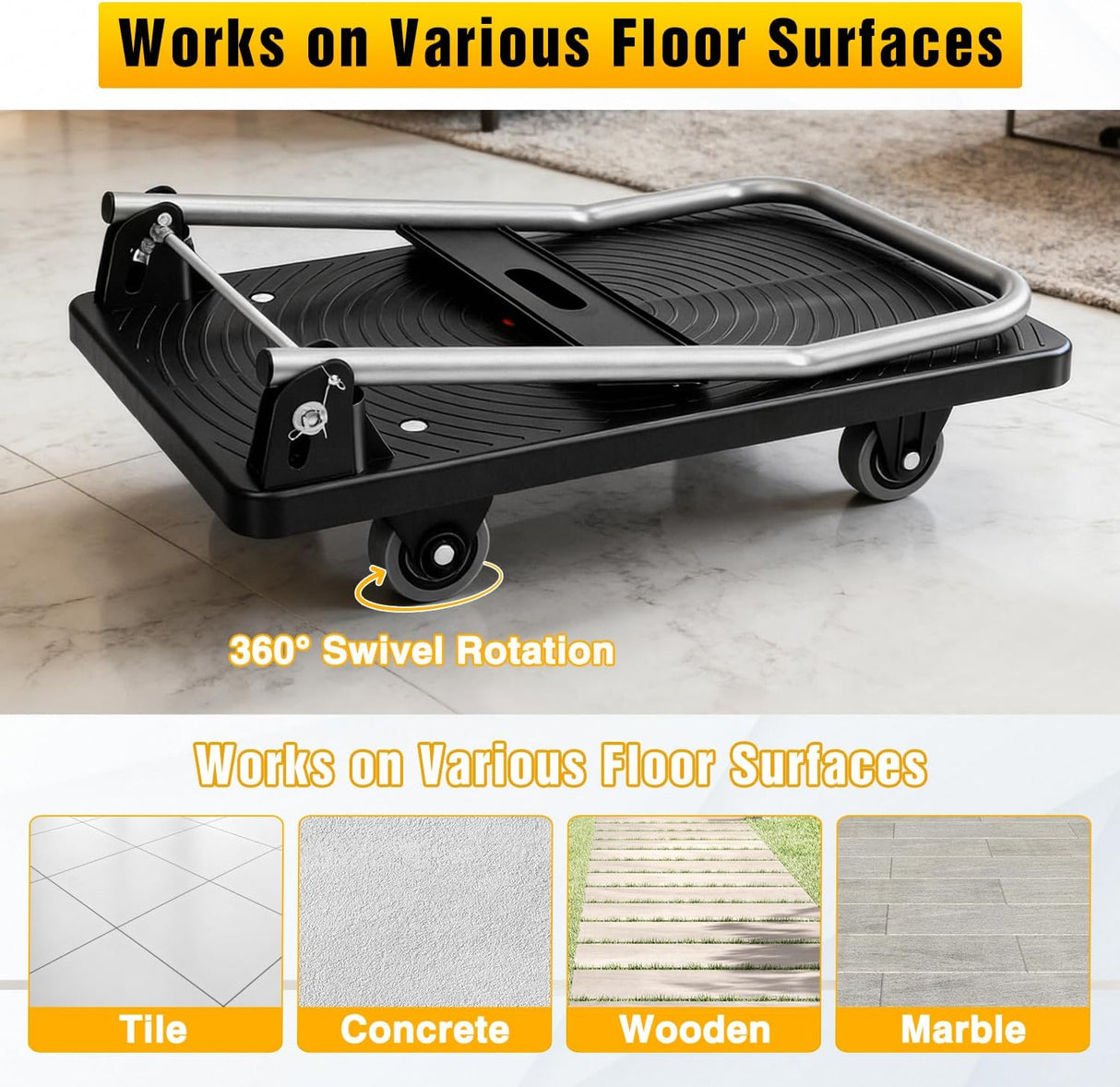 Foldable Platform Cart 220 lbs Push Dolly with 3 Inch PU Wheels PP Deck Flatbed Cart for Home Garage Office Use Black